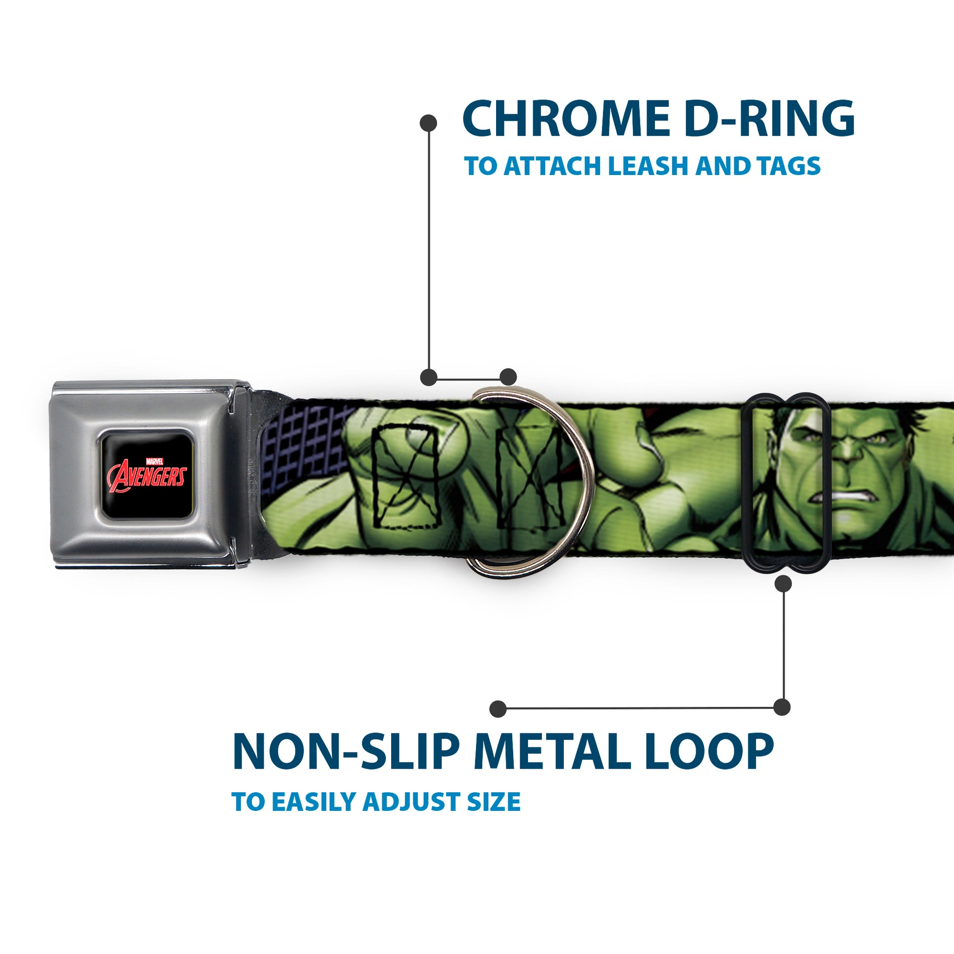 MARVEL AVENGERS Logo Full Color Black/Red/White Seatbelt Buckle Collar - Marvel Hulk CLOSE-UP Poses Seatbelt Buckle Collars Marvel Comics