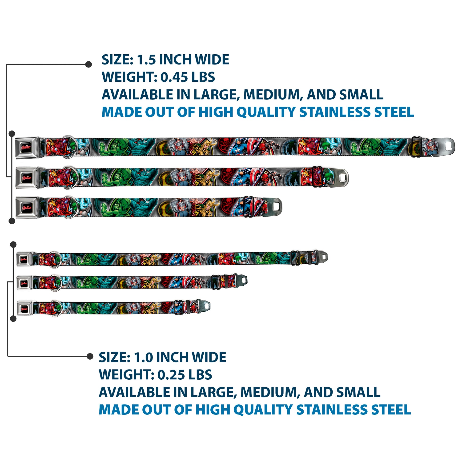 MARVEL AVENGERS Logo Full Color Black/Red/White Seatbelt Buckle Collar - Marvel Avengers Superhero/Villain Poses Seatbelt Buckle Collars Marvel Comics