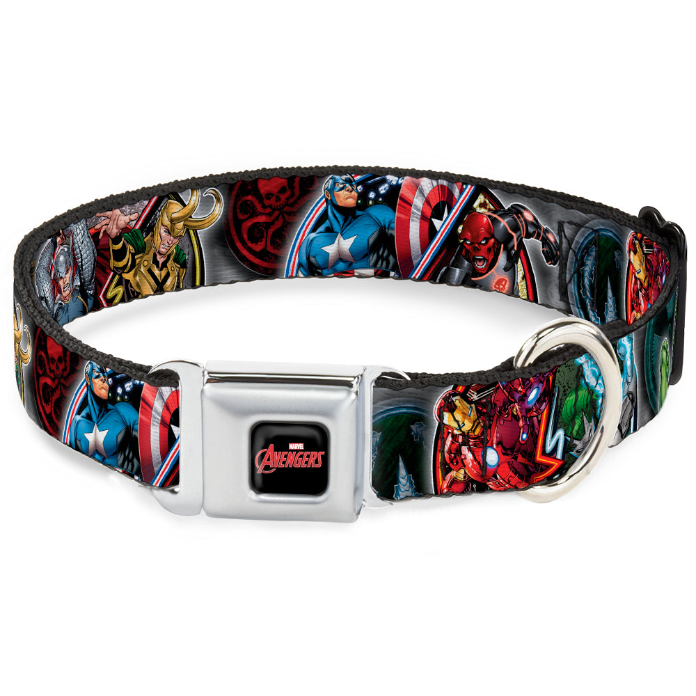 MARVEL AVENGERS Logo Full Color Black/Red/White Seatbelt Buckle Collar - Marvel Avengers Superhero/Villain Poses Seatbelt Buckle Collars Marvel Comics