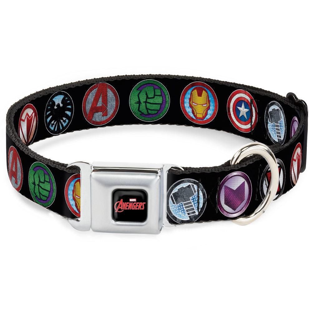 MARVEL AVENGERS MARVEL AVENGERS Logo Full Color Black Red White Seatbelt Buckle Collar - 9-Avenger Icons Black/Multi Color Seatbelt Buckle Collars Marvel Comics
