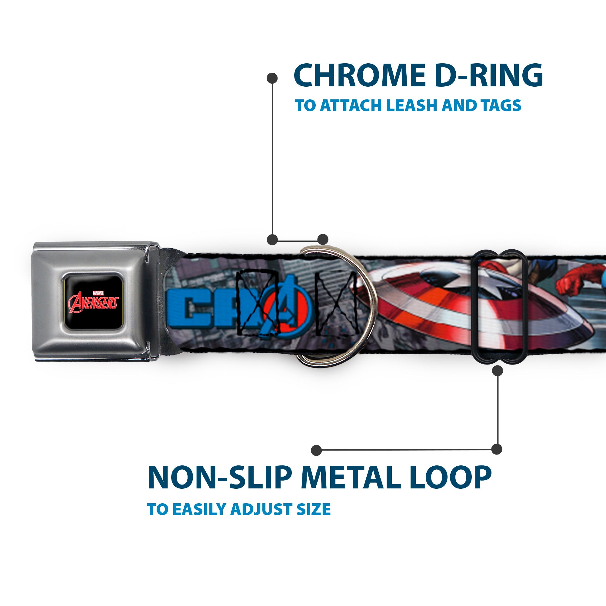 MARVEL AVENGERS Logo Full Color Black/Red/White Seatbelt Buckle Collar - CAPTAIN AMERICA w/Avengers Logo Cityscape Seatbelt Buckle Collars Marvel Comics