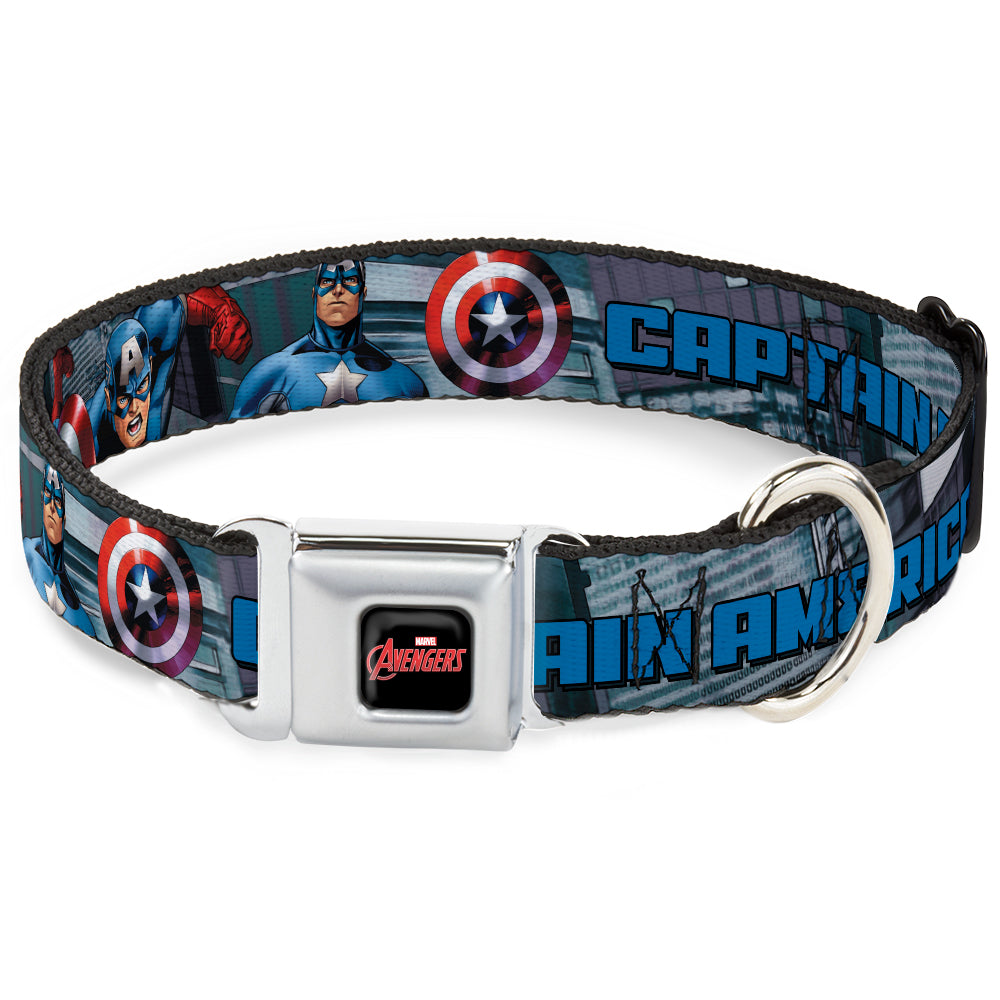 MARVEL AVENGERS Logo Full Color Black/Red/White Seatbelt Buckle Collar - CAPTAIN AMERICA w/Avengers Logo Cityscape Seatbelt Buckle Collars Marvel Comics