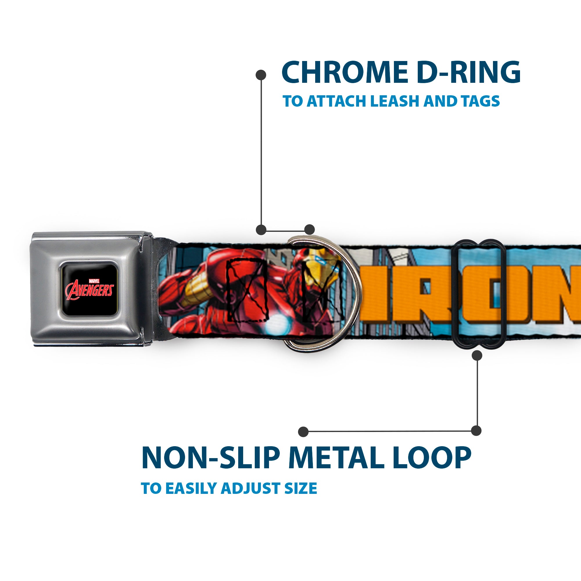 MARVEL AVENGERS Logo Full Color Black/Red/White Seatbelt Buckle Collar - IRON MAN w/Avengers Logo Cityscape Seatbelt Buckle Collars Marvel Comics