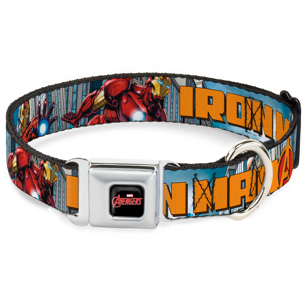 MARVEL AVENGERS Logo Full Color Black/Red/White Seatbelt Buckle Collar - IRON MAN w/Avengers Logo Cityscape Seatbelt Buckle Collars Marvel Comics