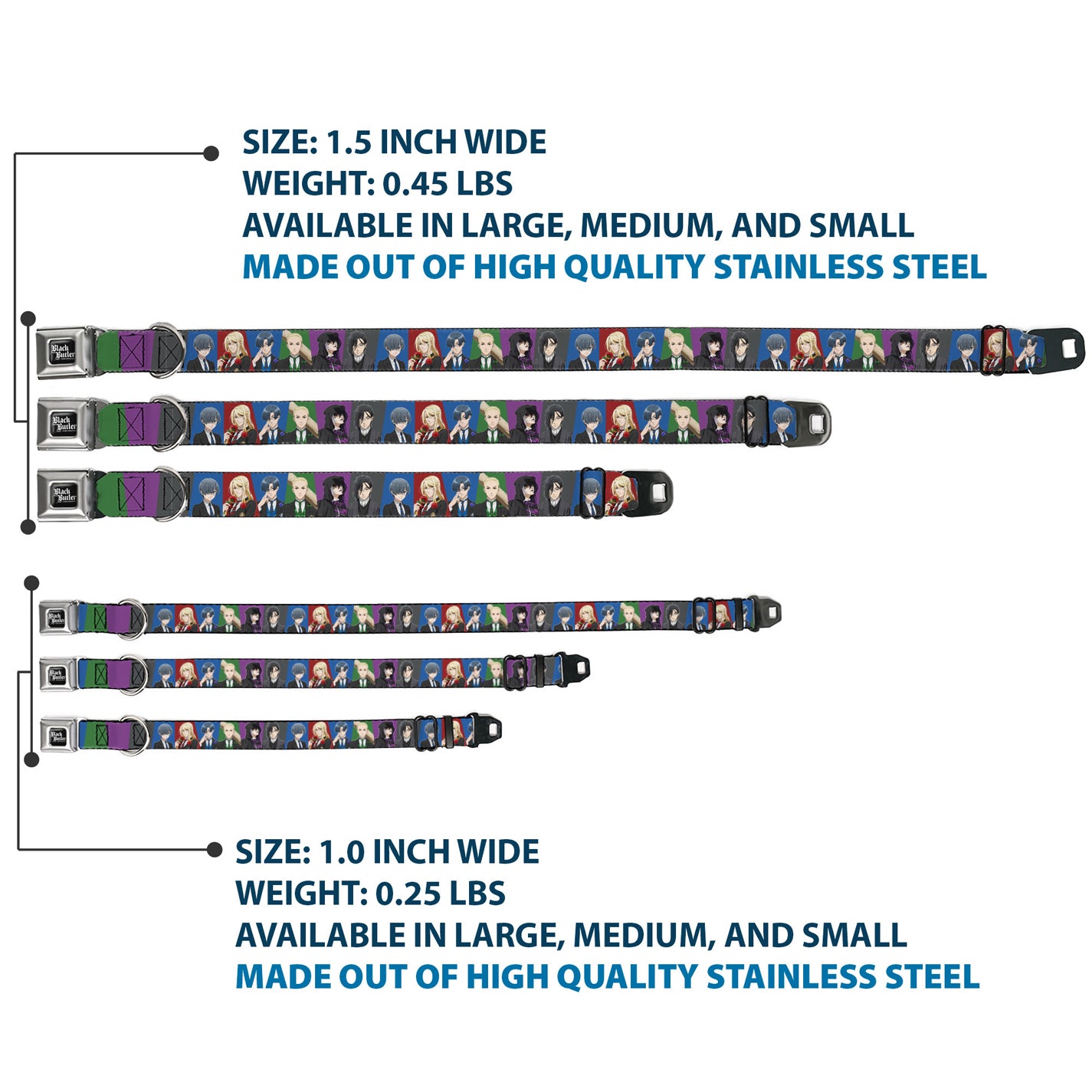 BLACK BUTLER PUBLIC SCHOOL ARC Title Logo Full Color Black/White Seatbelt Buckle Collar - Black Butler Six Character Pose Blocks Multi Color Seatbelt Buckle Collars Black Butler