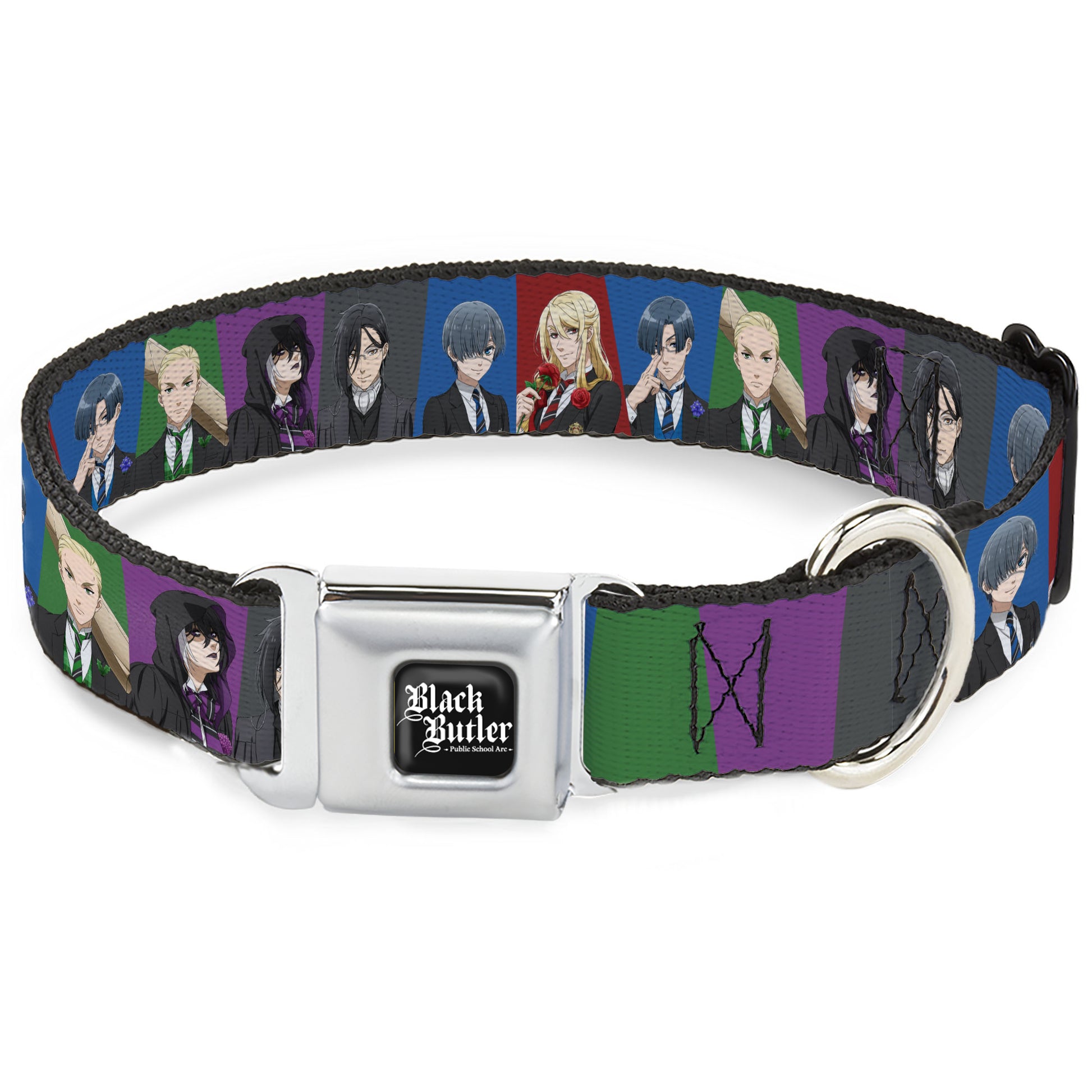 BLACK BUTLER PUBLIC SCHOOL ARC Title Logo Full Color Black/White Seatbelt Buckle Collar - Black Butler Six Character Pose Blocks Multi Color Seatbelt Buckle Collars Black Butler