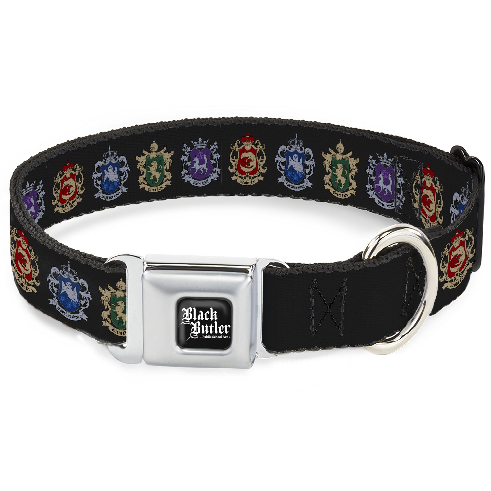 BLACK BUTLER PUBLIC SCHOOL ARC Title Logo Full Color Black/White Seatbelt Buckle Collar - Black Butler Public School Arc House Crest Icons Black Seatbelt Buckle Collars Black Butler