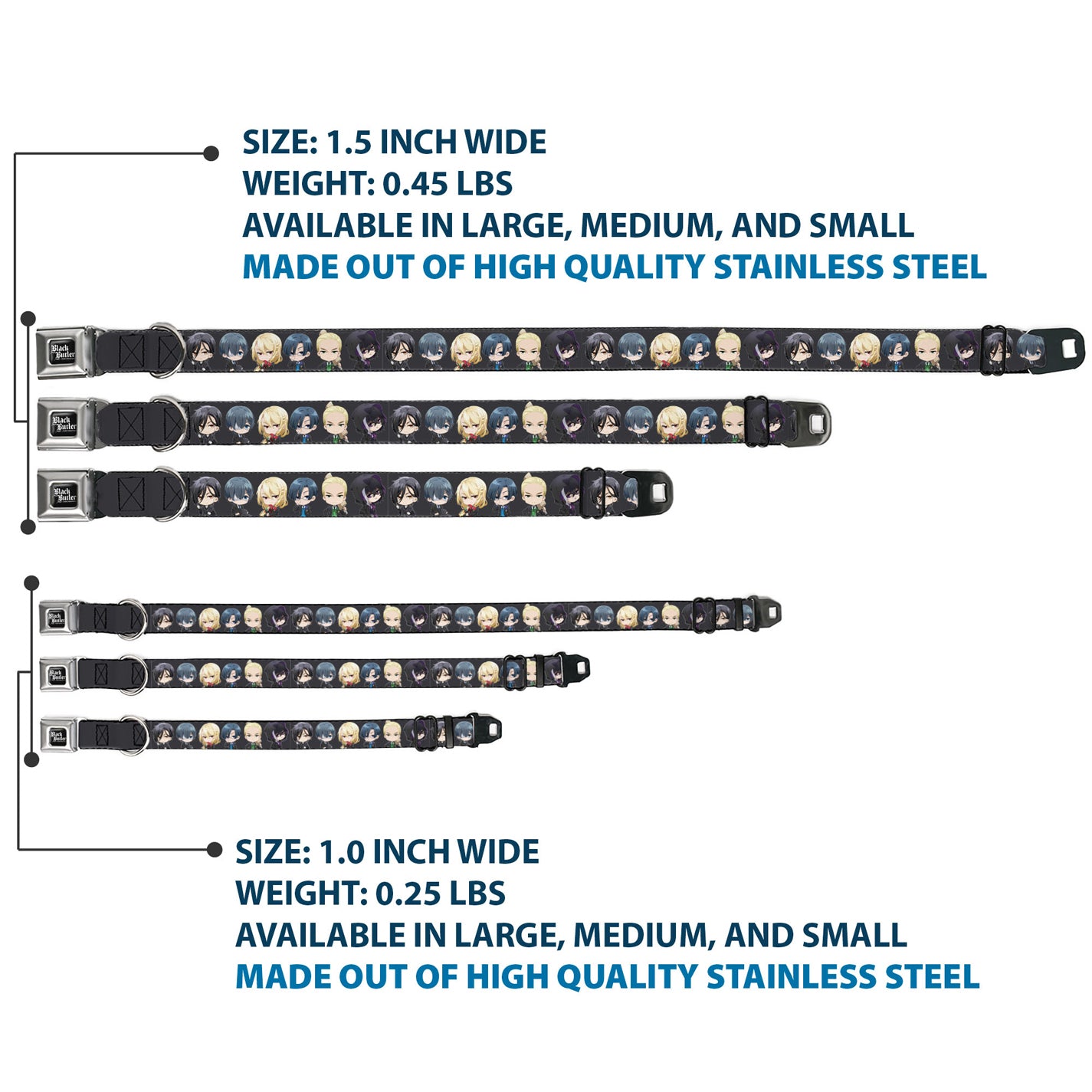 BLACK BUTLER PUBLIC SCHOOL ARC Title Logo Full Color Black/White Seatbelt Buckle Collar - Black Butler Six Chibi Characters Poses Black Seatbelt Buckle Collars Black Butler