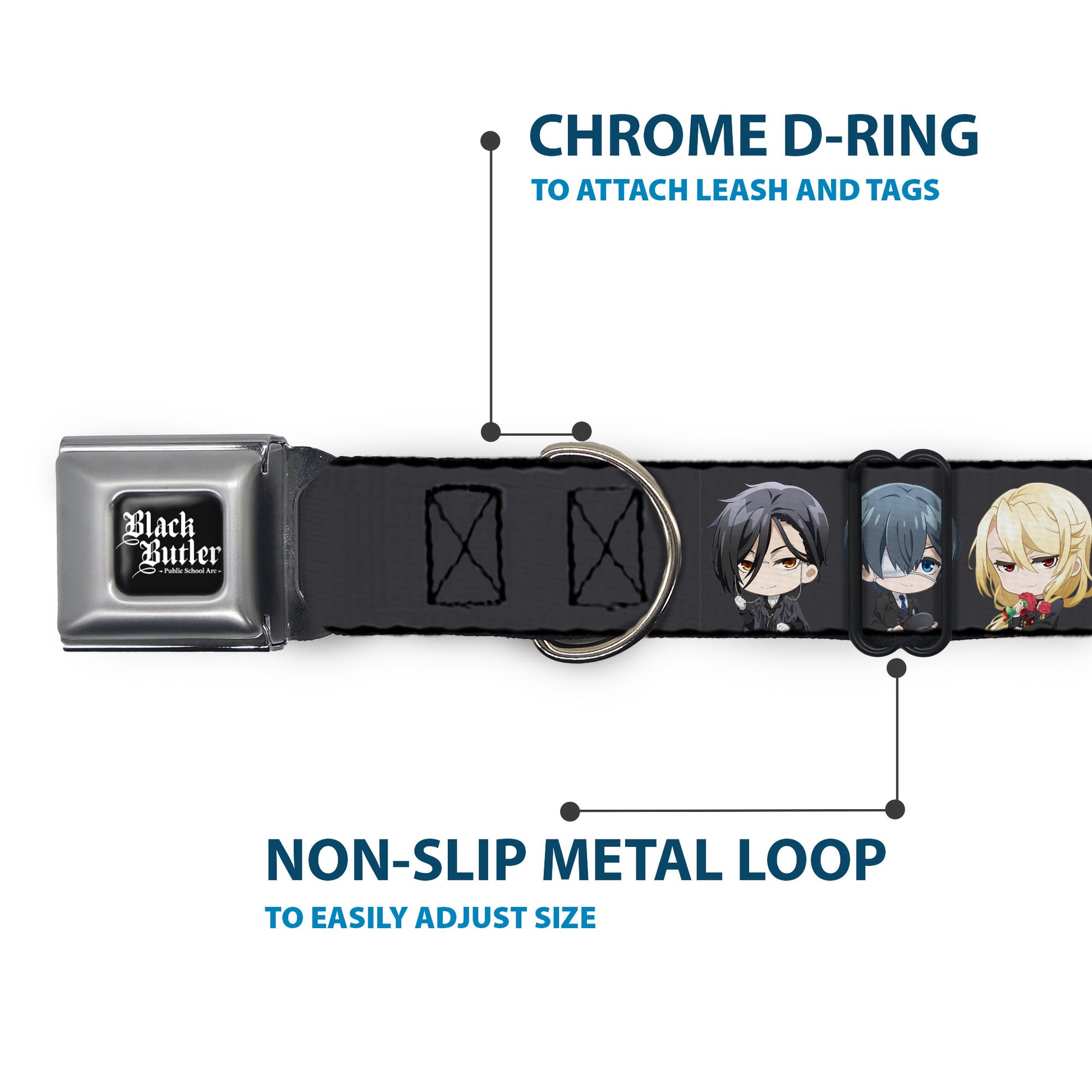 BLACK BUTLER PUBLIC SCHOOL ARC Title Logo Full Color Black/White Seatbelt Buckle Collar - Black Butler Six Chibi Characters Poses Black Seatbelt Buckle Collars Black Butler