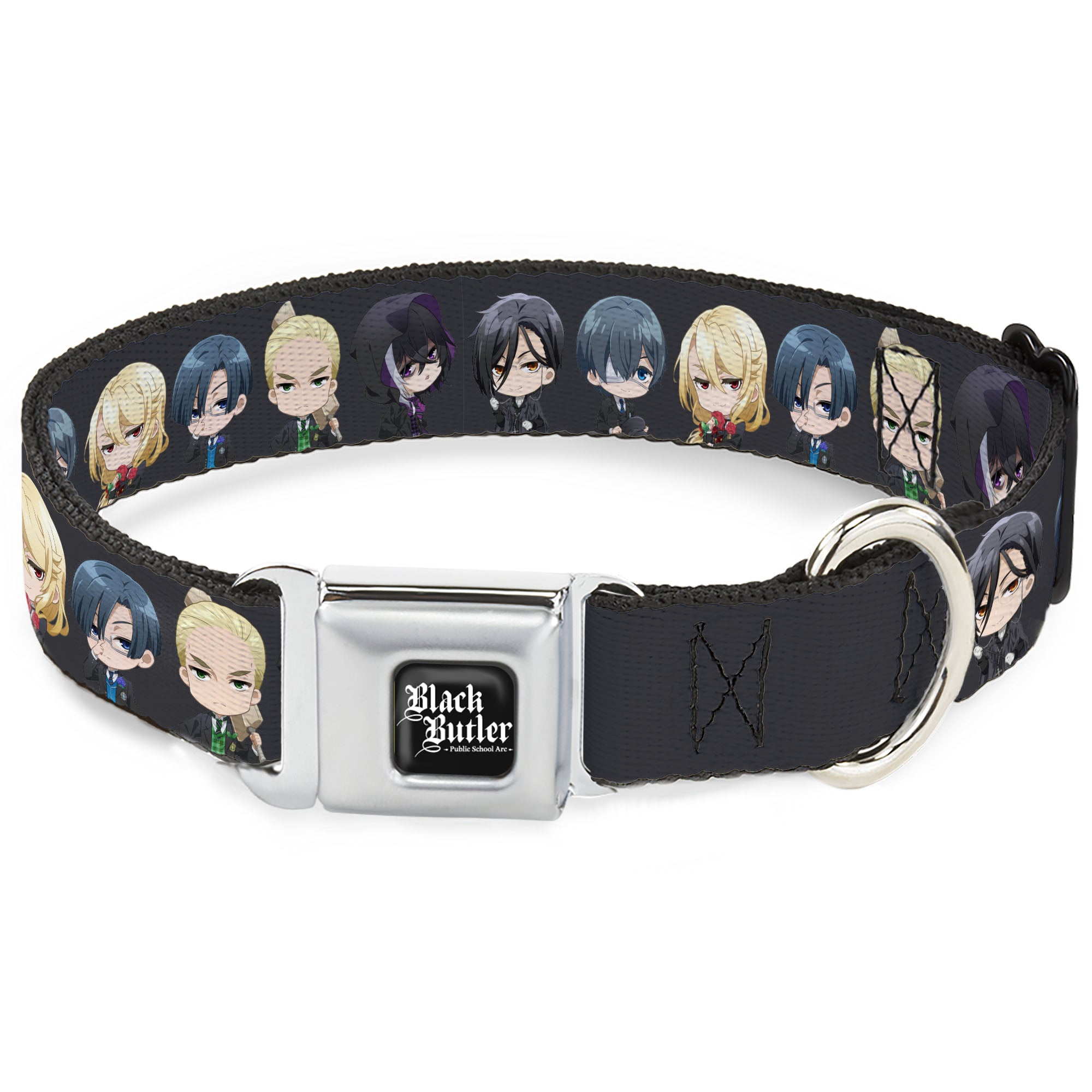 BLACK BUTLER PUBLIC SCHOOL ARC Title Logo Full Color Black/White Seatbelt Buckle Collar - Black Butler Six Chibi Characters Poses Black Seatbelt Buckle Collars Black Butler