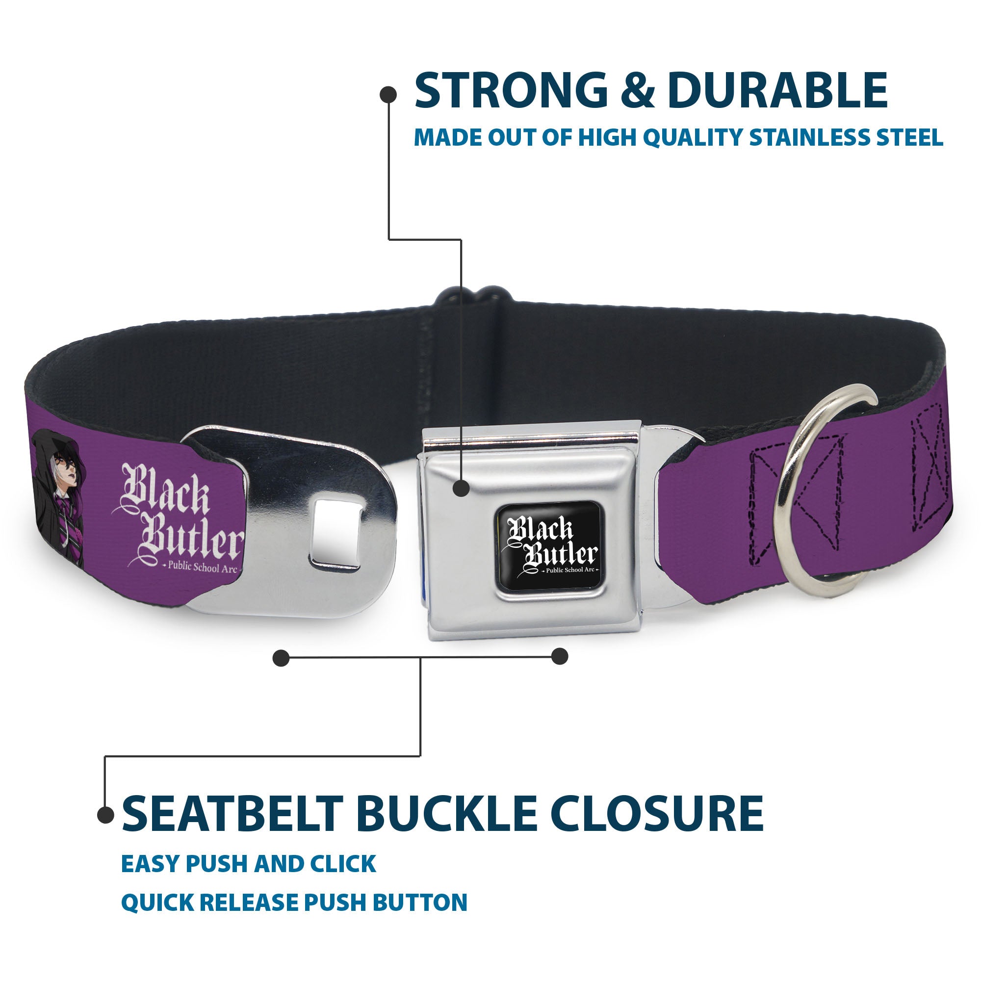 BLACK BUTLER PUBLIC SCHOOL ARC Title Logo Full Color Black/White Seatbelt Buckle Collar - BLACK BUTLER Violet Gregory Pose and Title Logo Purple Seatbelt Buckle Collars Black Butler