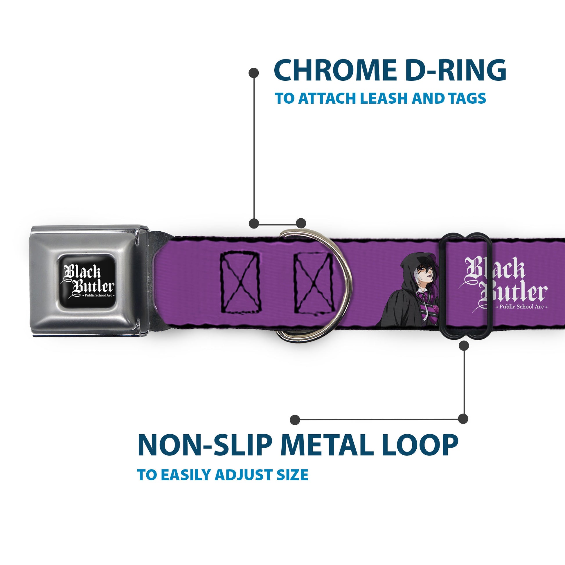 BLACK BUTLER PUBLIC SCHOOL ARC Title Logo Full Color Black/White Seatbelt Buckle Collar - BLACK BUTLER Violet Gregory Pose and Title Logo Purple Seatbelt Buckle Collars Black Butler