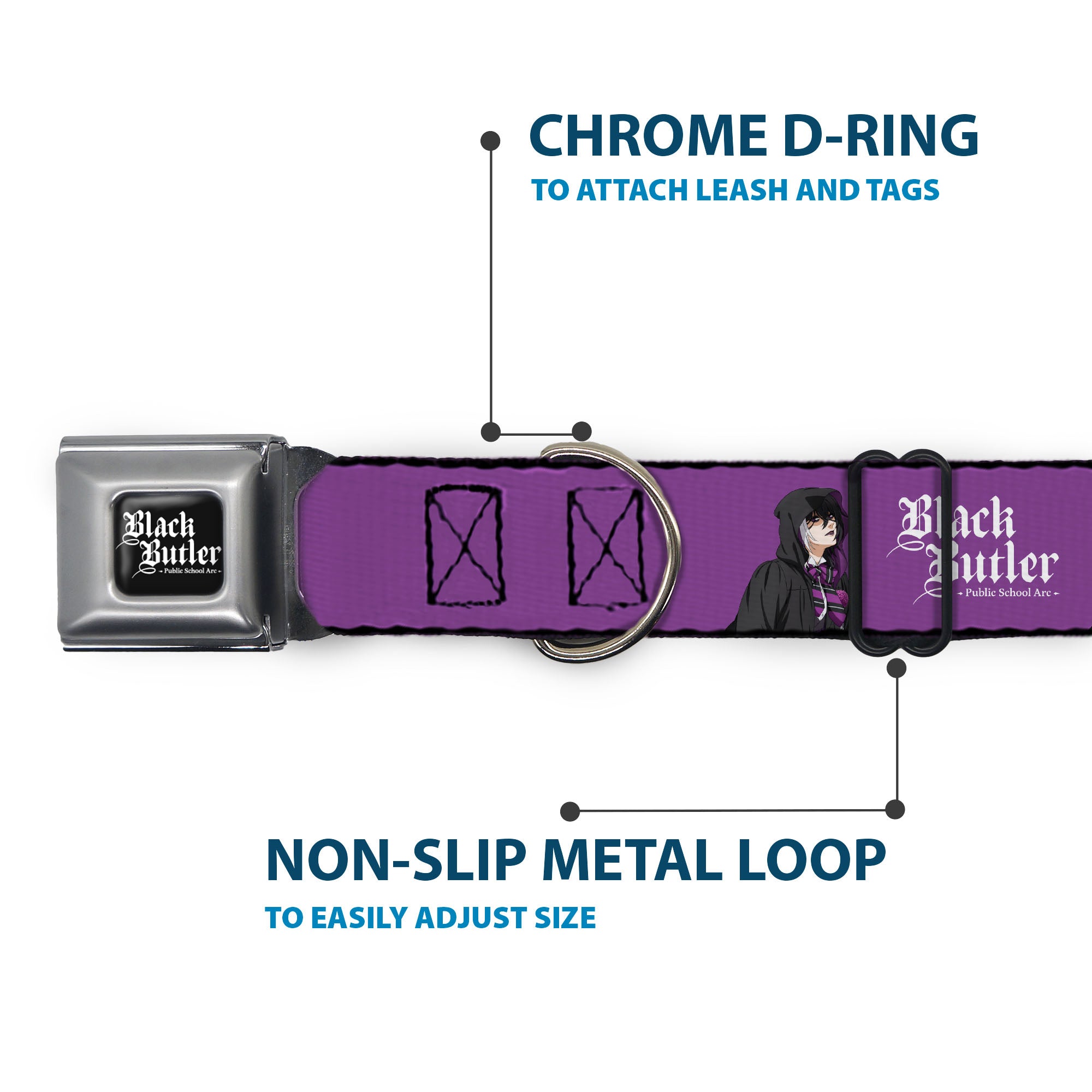 BLACK BUTLER PUBLIC SCHOOL ARC Title Logo Full Color Black/White Seatbelt Buckle Collar - BLACK BUTLER Violet Gregory Pose and Title Logo Purple Seatbelt Buckle Collars Black Butler