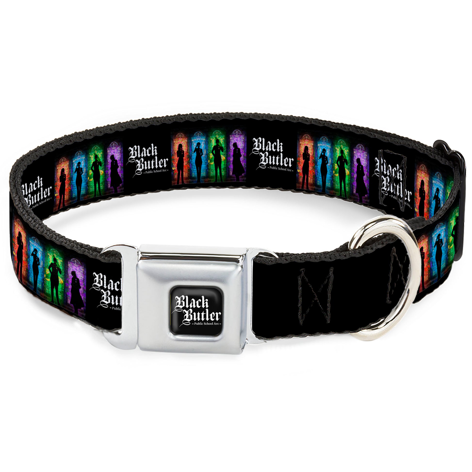 BLACK BUTLER PUBLIC SCHOOL ARC Title Logo Full Color Black/White Seatbelt Buckle Collar - BLACK BUTLER House Heads Silhouettes and Title Logo Black/Multi Color Seatbelt Buckle Collars Black Butler