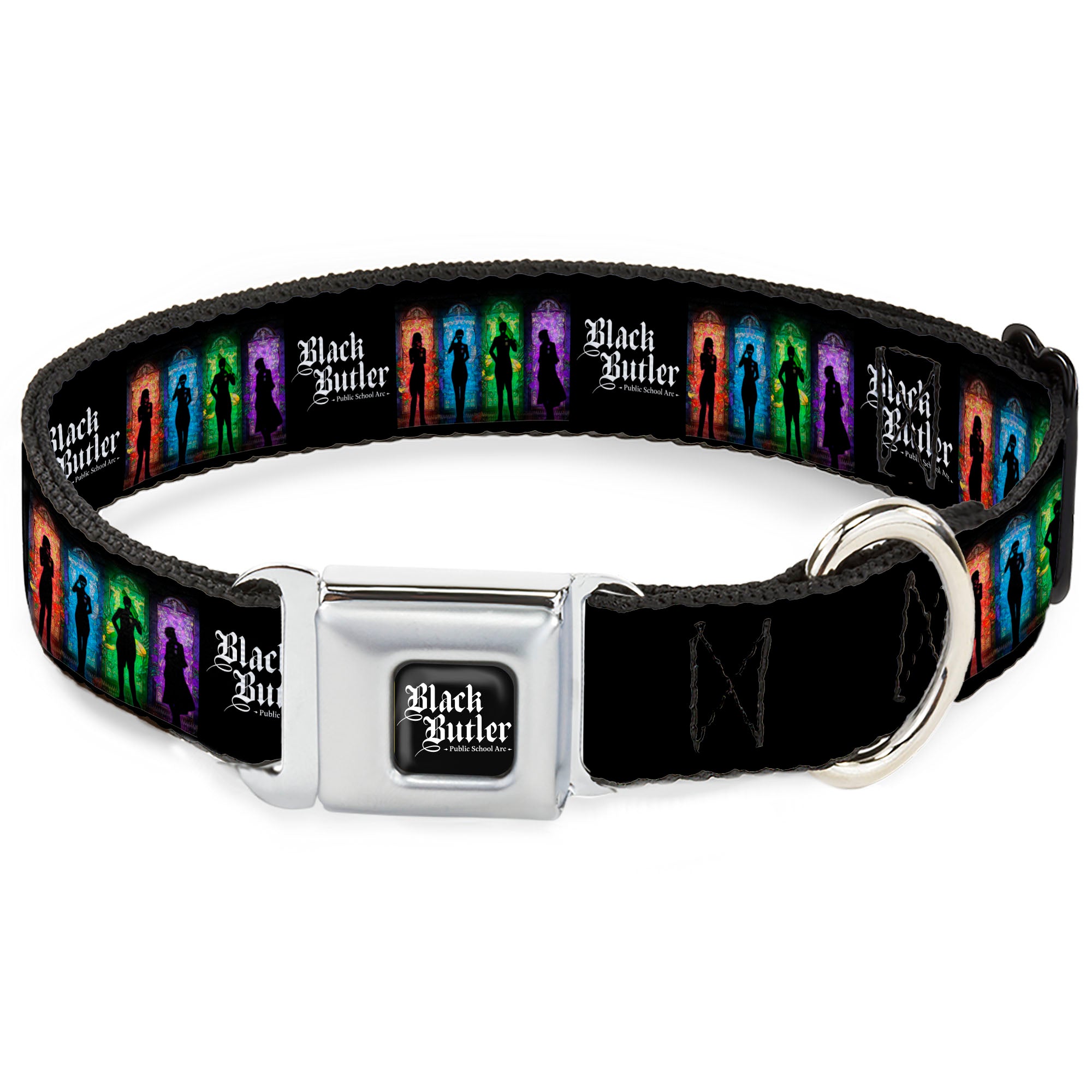 BLACK BUTLER PUBLIC SCHOOL ARC Title Logo Full Color Black/White Seatbelt Buckle Collar - BLACK BUTLER House Heads Silhouettes and Title Logo Black/Multi Color Seatbelt Buckle Collars Black Butler