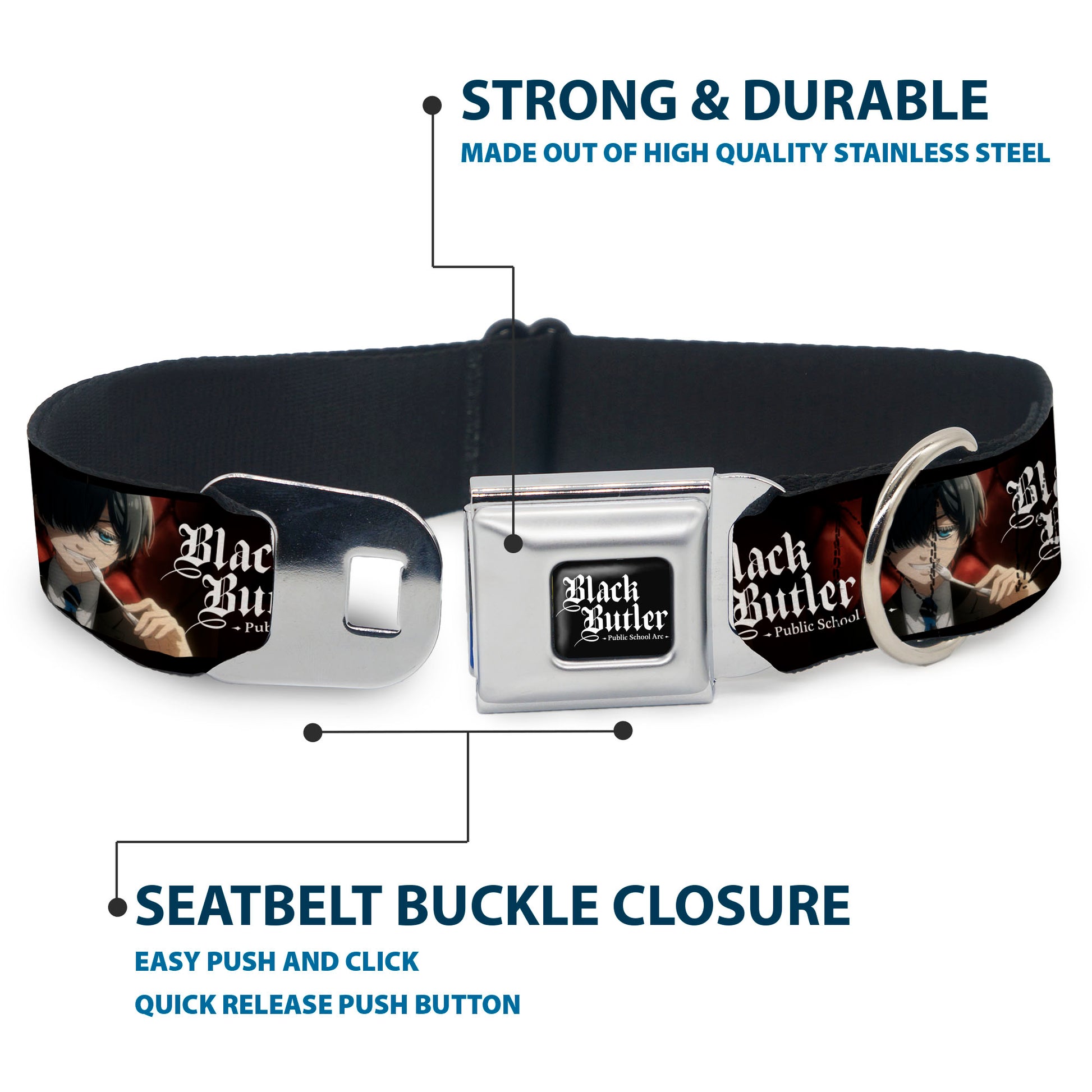 BLACK BUTLER PUBLIC SCHOOL ARC Title Logo Full Color Black/White Seatbelt Buckle Collar - BLACK BUTLER Ciel Phantomhive Fork Pose and Title Logo Seatbelt Buckle Collars Black Butler