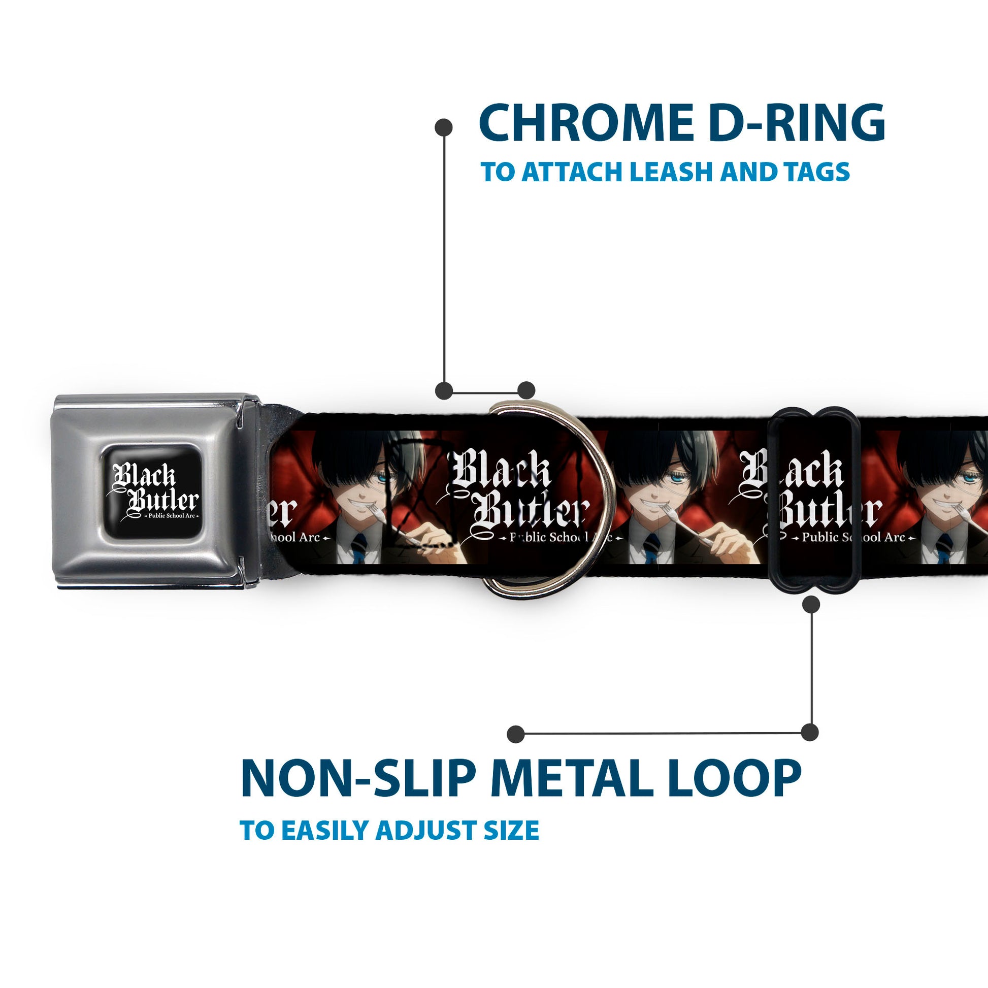 BLACK BUTLER PUBLIC SCHOOL ARC Title Logo Full Color Black/White Seatbelt Buckle Collar - BLACK BUTLER Ciel Phantomhive Fork Pose and Title Logo Seatbelt Buckle Collars Black Butler