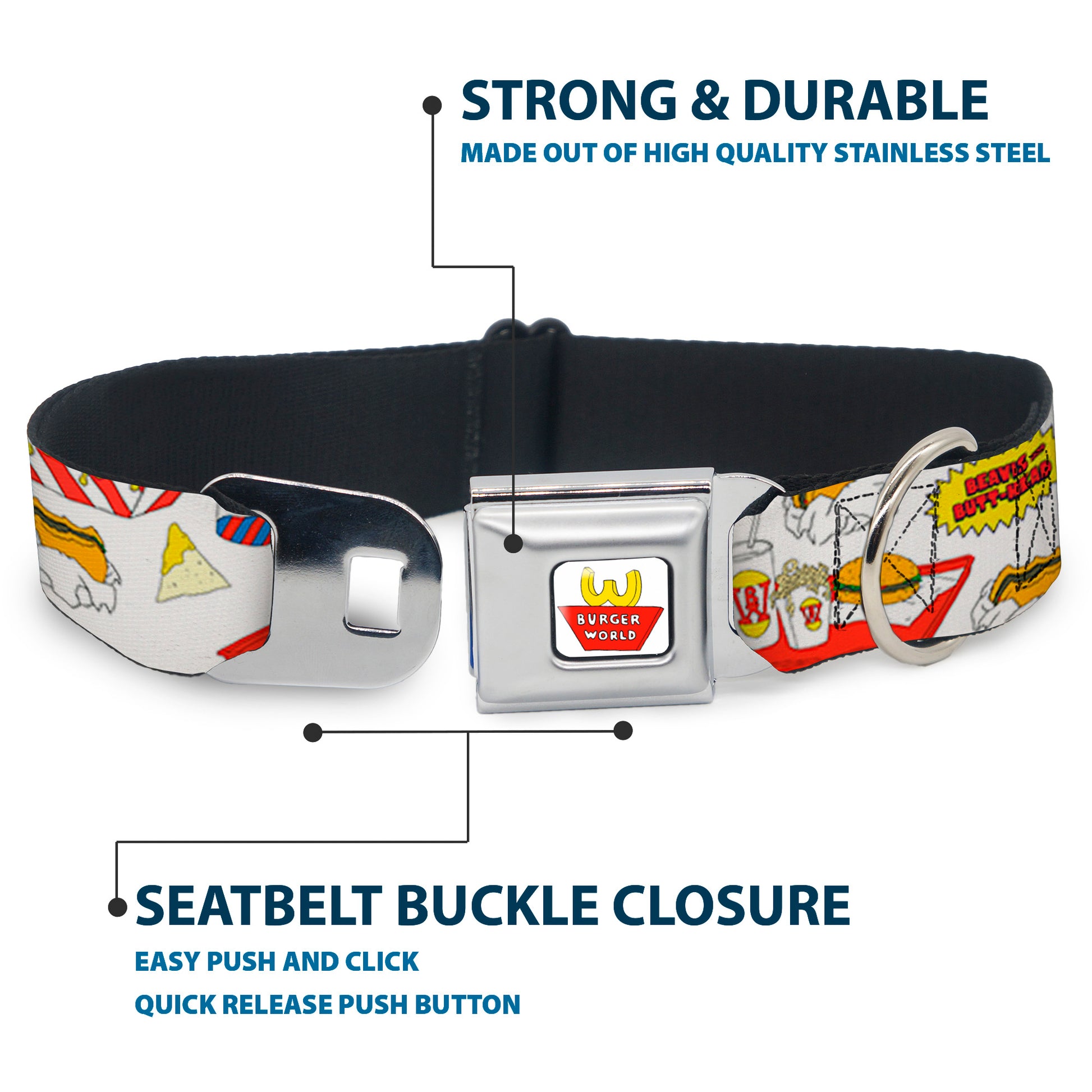 Beavis and Butt-Head BURGER WORLD Logo Full Color White Seatbelt Buckle Collar - BEAVIS AND BUTT-HEAD Burger World Icons Collage White Seatbelt Buckle Collars MTV