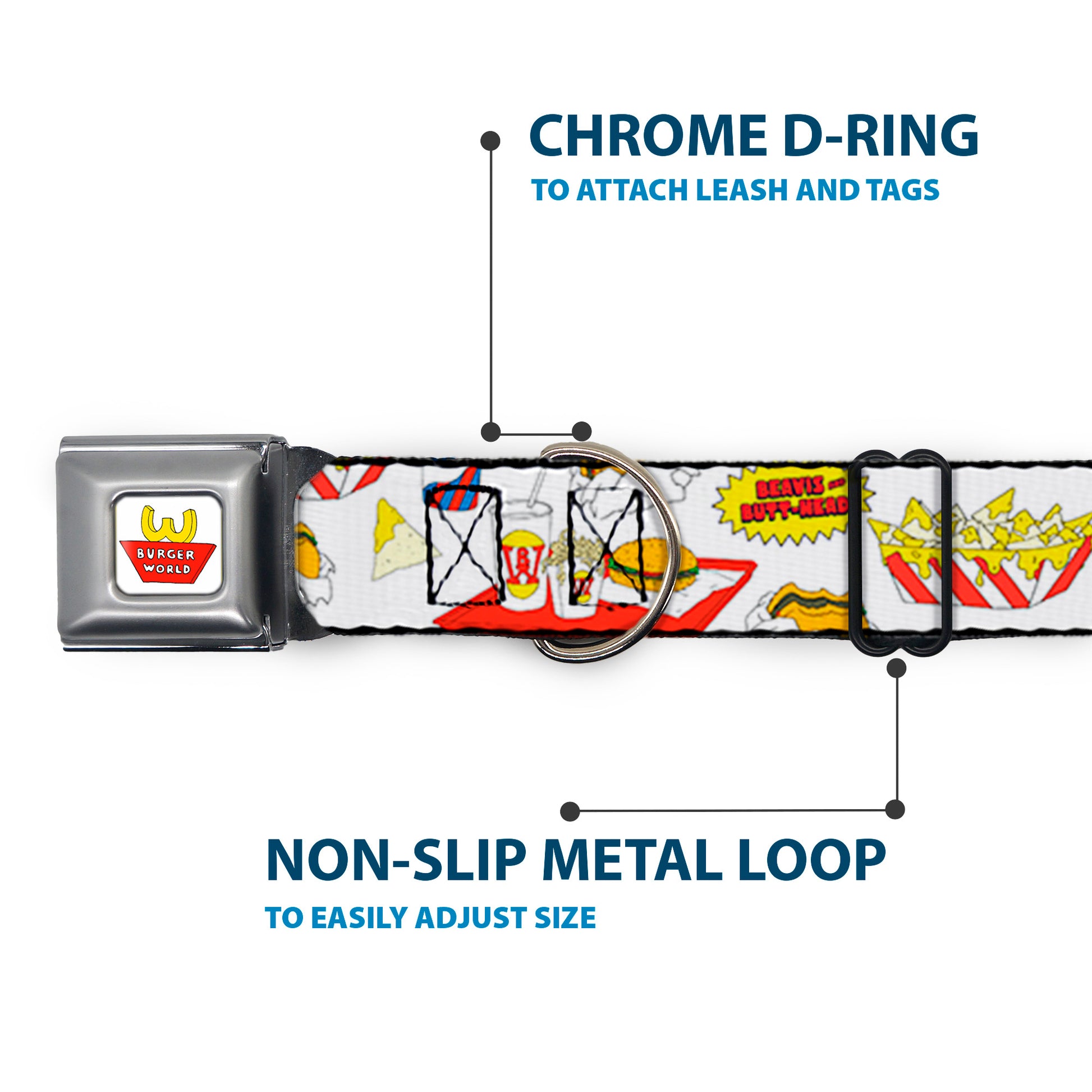 Beavis and Butt-Head BURGER WORLD Logo Full Color White Seatbelt Buckle Collar - BEAVIS AND BUTT-HEAD Burger World Icons Collage White Seatbelt Buckle Collars MTV