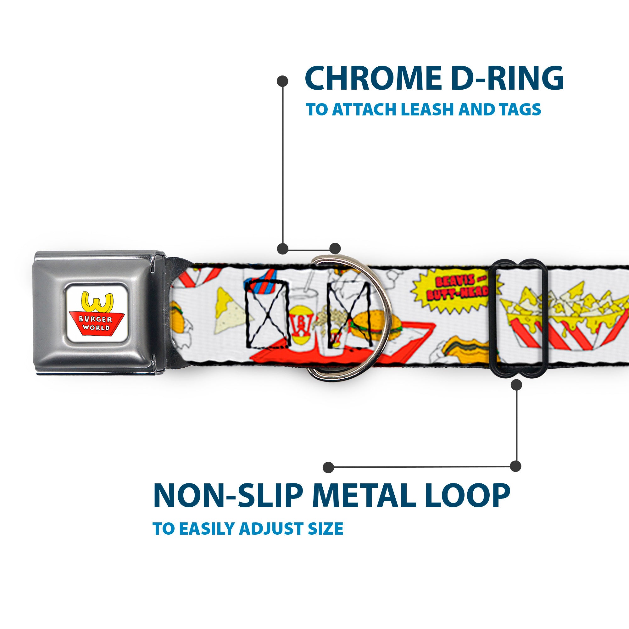 Beavis and Butt-Head BURGER WORLD Logo Full Color White Seatbelt Buckle Collar - BEAVIS AND BUTT-HEAD Burger World Icons Collage White Seatbelt Buckle Collars MTV