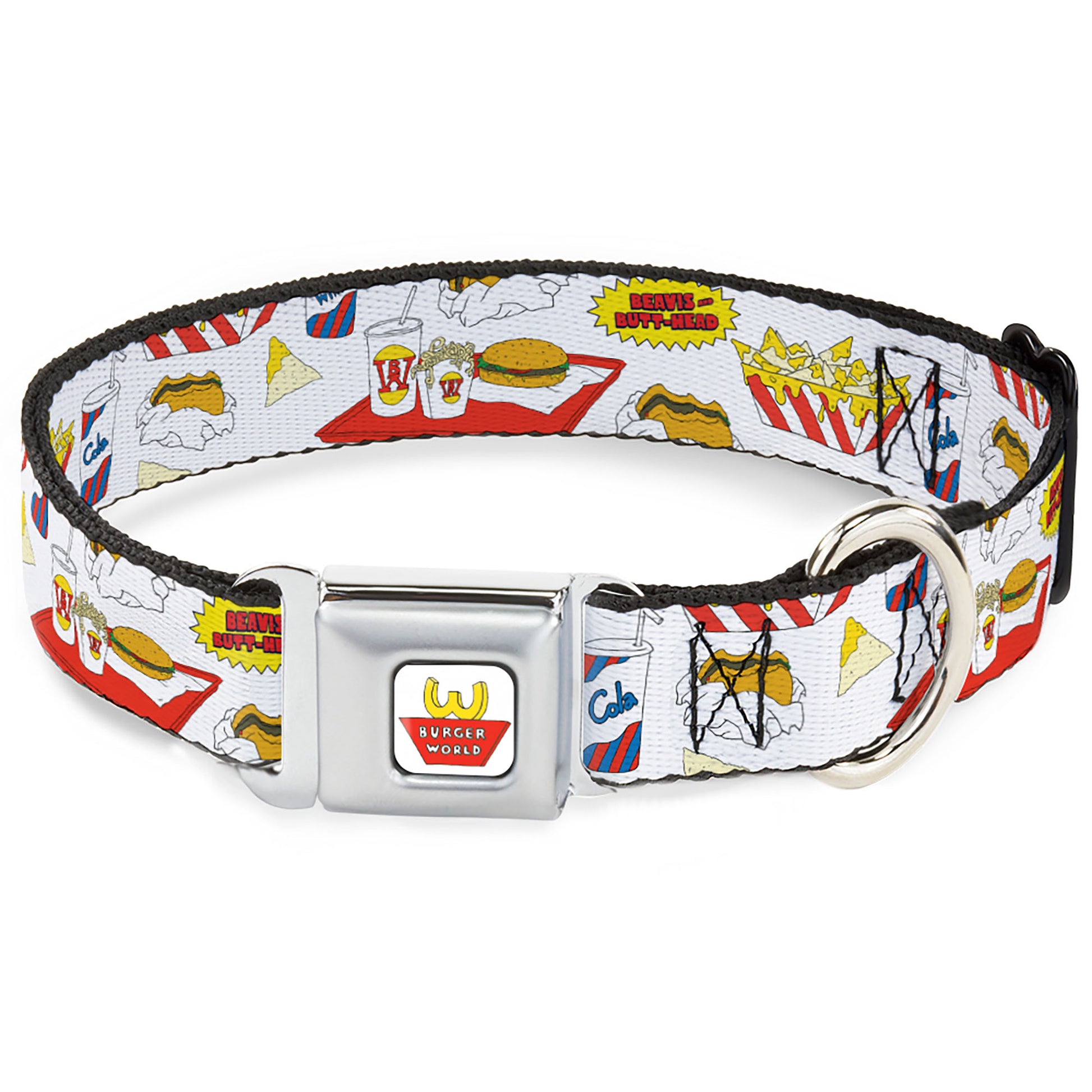 Beavis and Butt-Head BURGER WORLD Logo Full Color White Seatbelt Buckle Collar - BEAVIS AND BUTT-HEAD Burger World Icons Collage White Seatbelt Buckle Collars MTV
