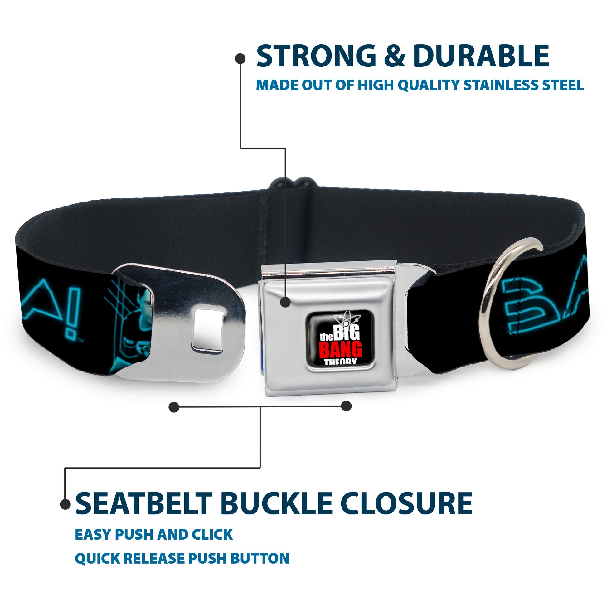 THE BIG BANG THEORY Full Color Black White Red Seatbelt Buckle Collar - Sheldon/BAZINGA! Black/Blue Glow Seatbelt Buckle Collars The Big Bang Theory