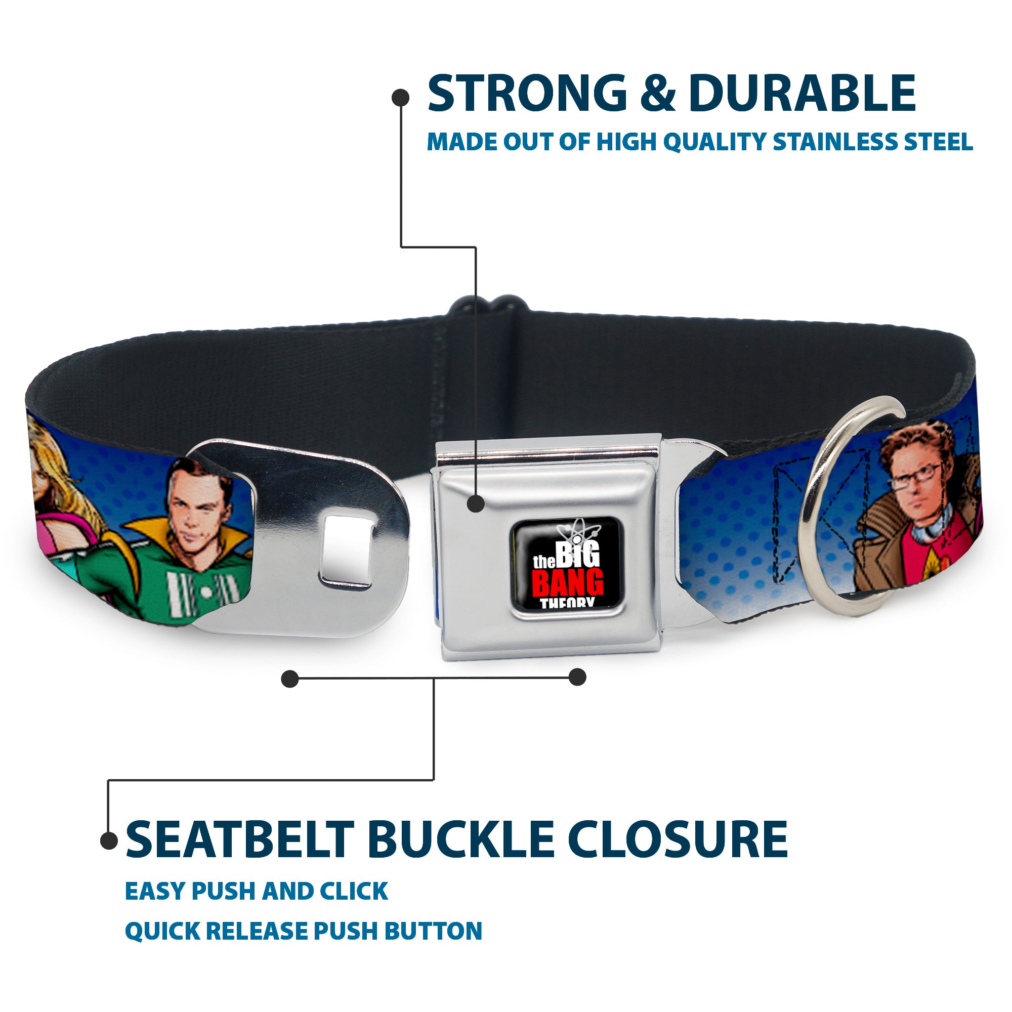THE BIG BANG THEORY Full Color Black White Red Seatbelt Buckle Collar - The Big Bang Theory Superhero Characters Group Blue Dot Fade Seatbelt Buckle Collars The Big Bang Theory