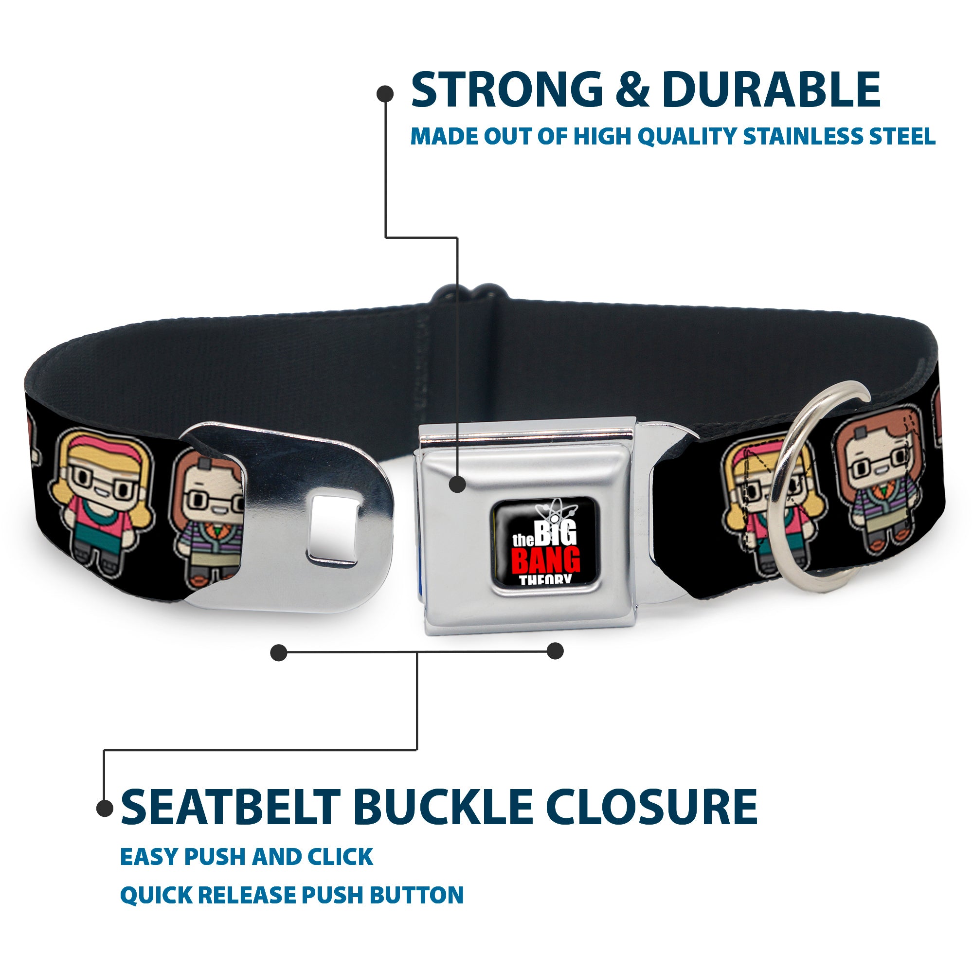 THE BIG BANG THEORY Full Color Black White Red Seatbelt Buckle Collar - Big Bang Theory Chibi Characters Black Seatbelt Buckle Collars The Big Bang Theory