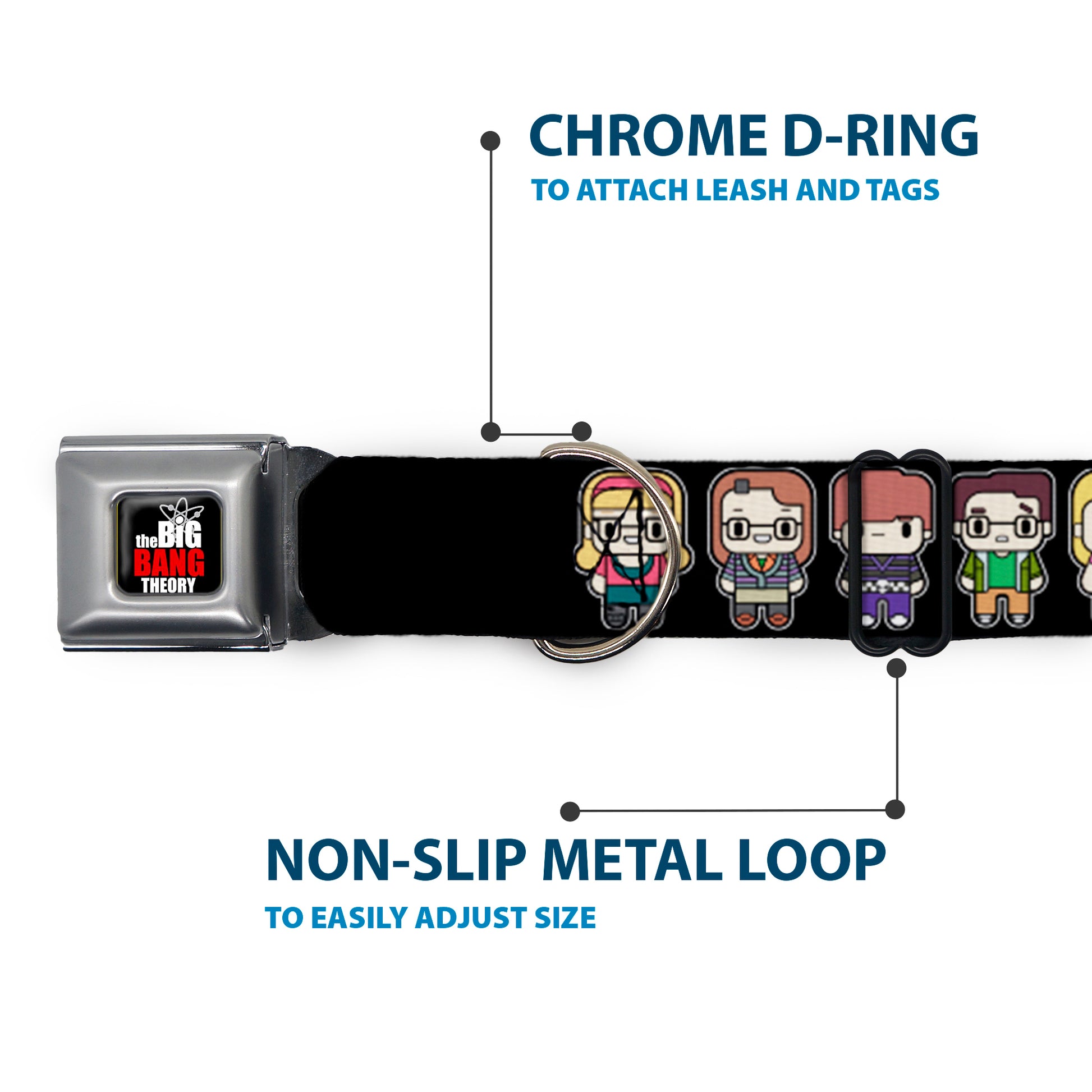 THE BIG BANG THEORY Full Color Black White Red Seatbelt Buckle Collar - Big Bang Theory Chibi Characters Black Seatbelt Buckle Collars The Big Bang Theory