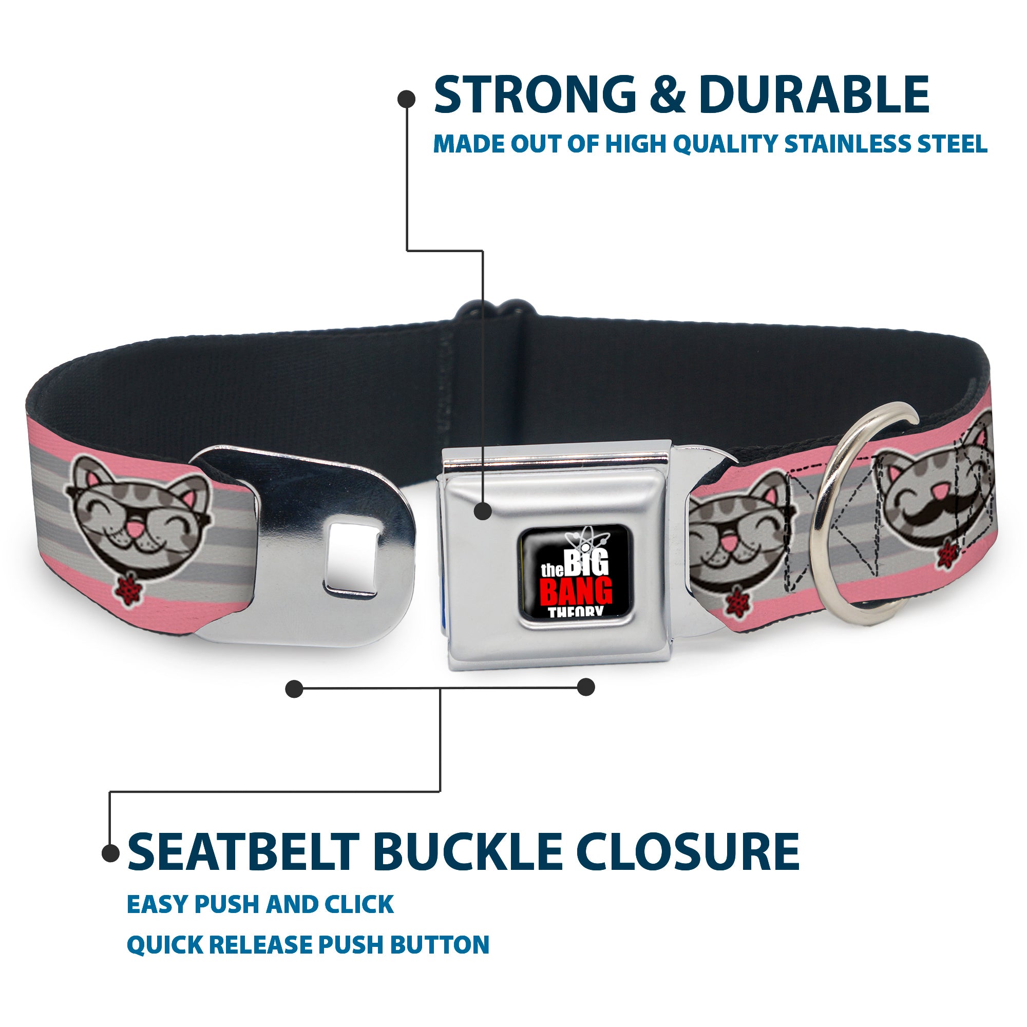 THE BIG BANG THEORY Full Color Black White Red Seatbelt Buckle Collar - Soft Kitty Nerd/Mustacho Expressions Stripe Grays Seatbelt Buckle Collars The Big Bang Theory