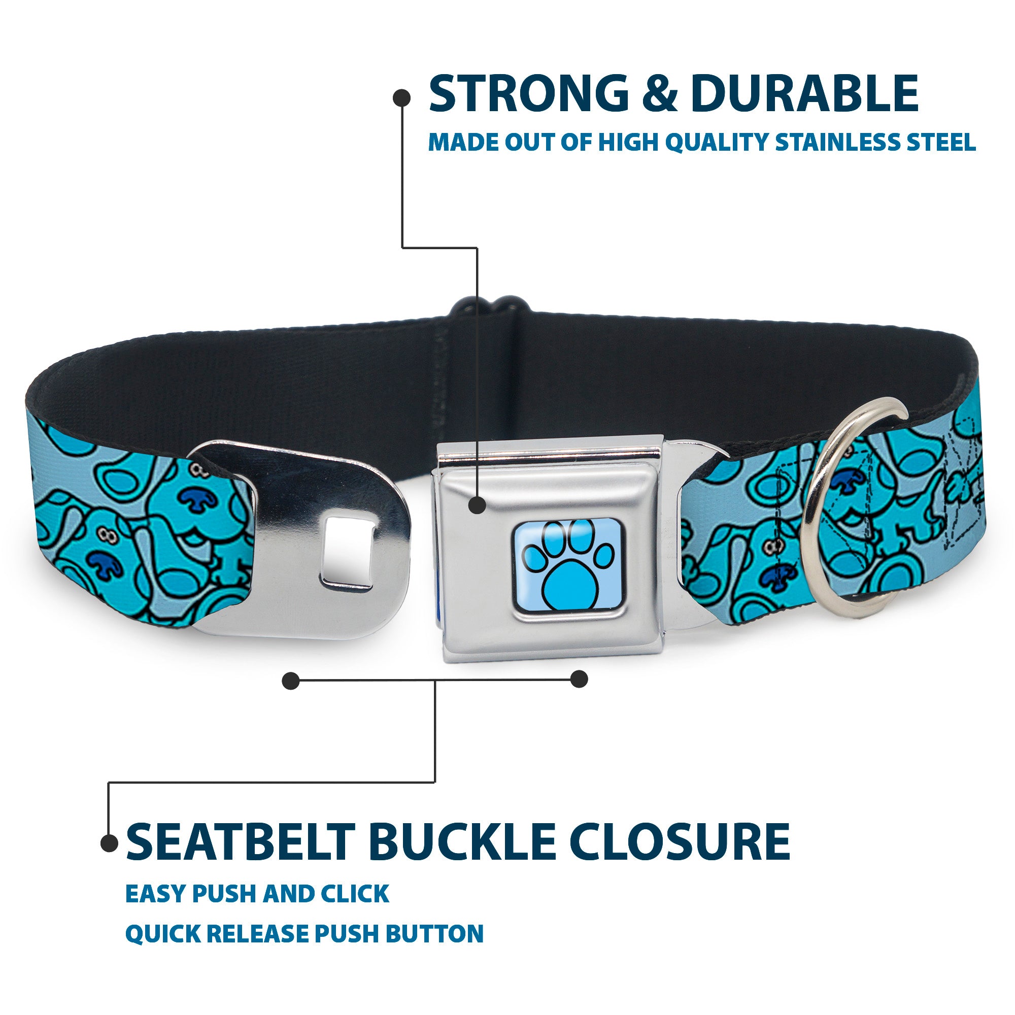 Blue's Clues Paw Full Color Blues Seatbelt Buckle Collar - Blue's Clues Blue Poses Scattered Blues Seatbelt Buckle Collars Blue's Clues