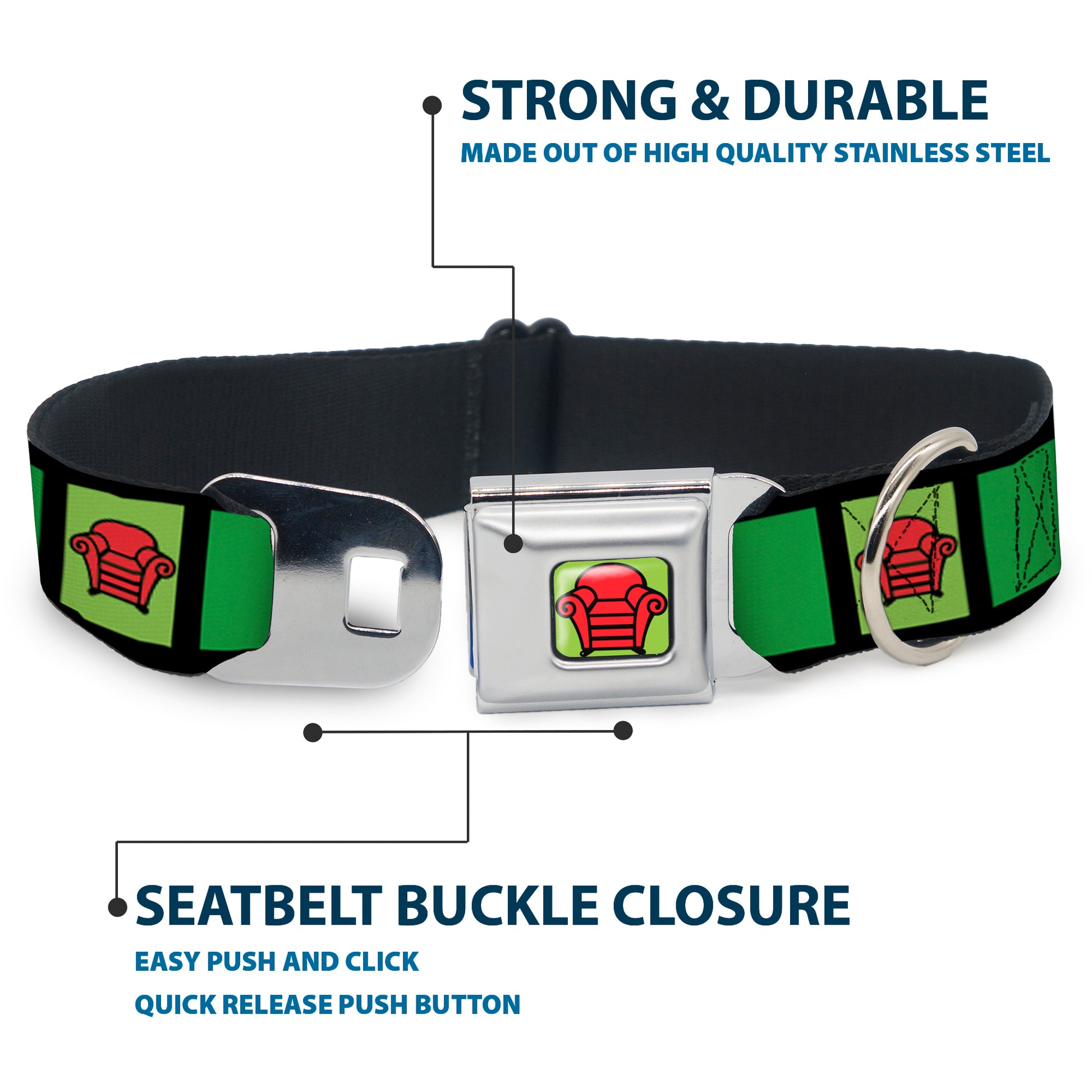 Blue's Clues Steve's Thinking Chair Full Color Green/Black/Red Seatbelt Buckle Collar - Blue's Clues Steve's Stripe and Thinking Chair Black/Greens/Red Seatbelt Buckle Collars Blue's Clues