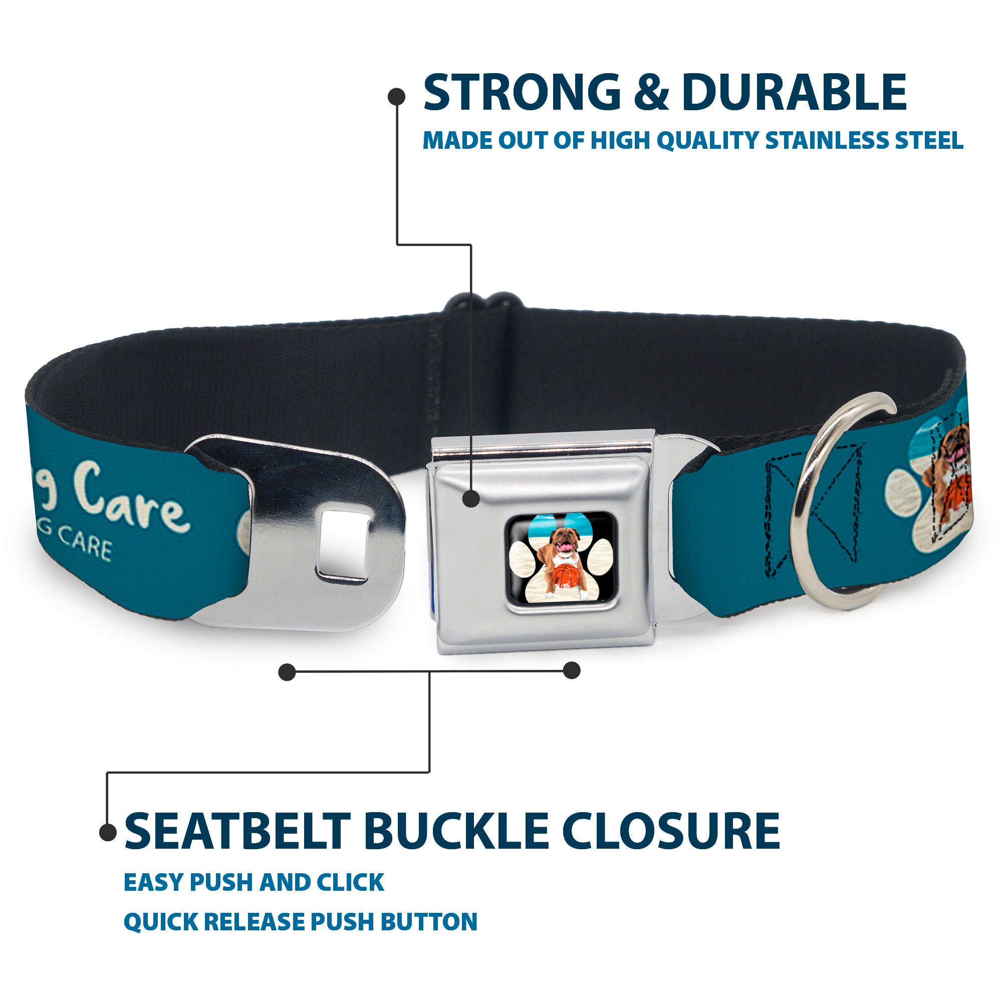 Beach Dawg Care Paw Logo Full Color Black Seatbelt Buckle Collar - BEACH DAWG CARE ALL DOGS ARE EQUAL Turquoise/White Seatbelt Buckle Collars Buckle-Down