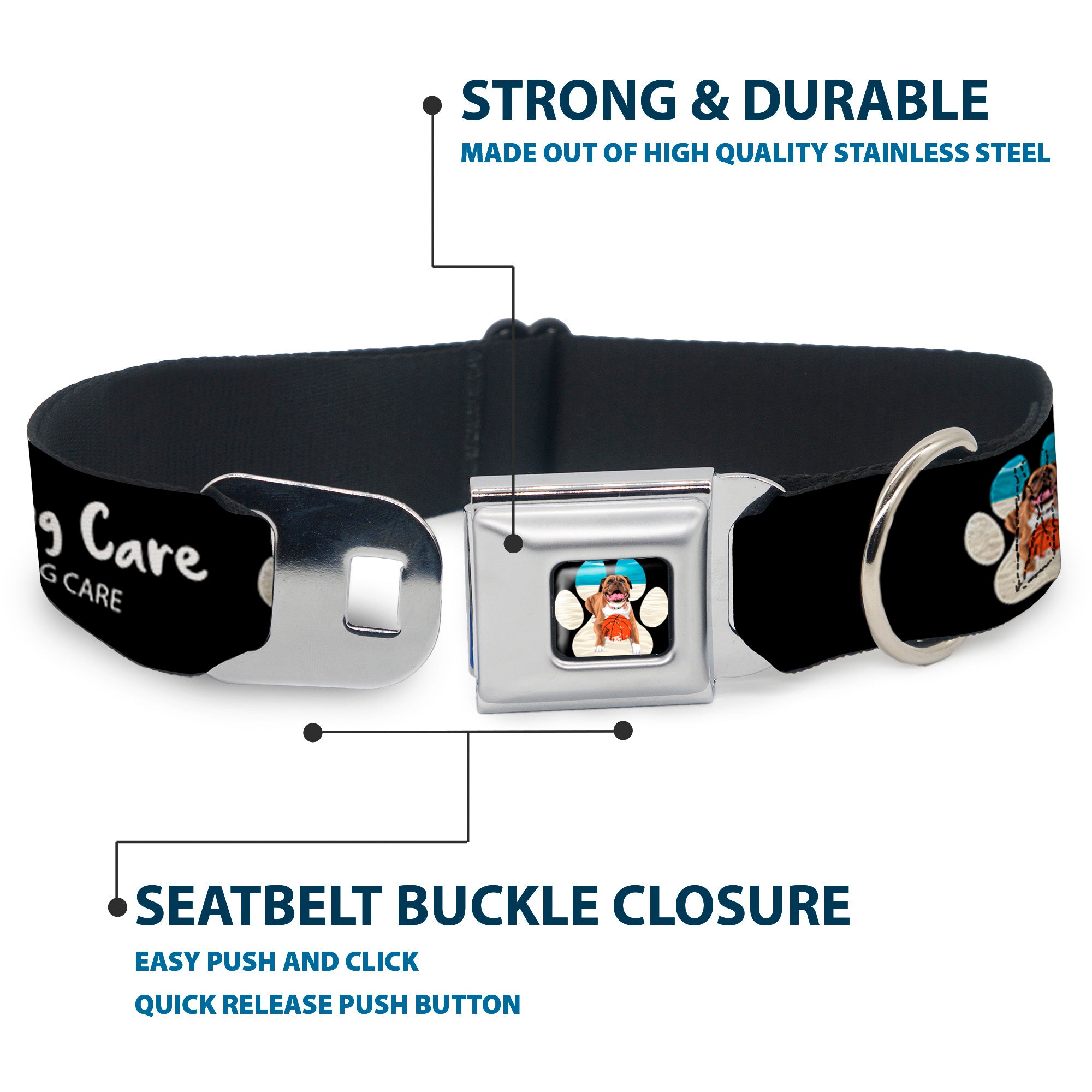 Beach Dawg Care Paw Logo Full Color Black Seatbelt Buckle Collar - BEACH DAWG CARE ALL DOGS ARE EQUAL Black/White Seatbelt Buckle Collars Buckle-Down