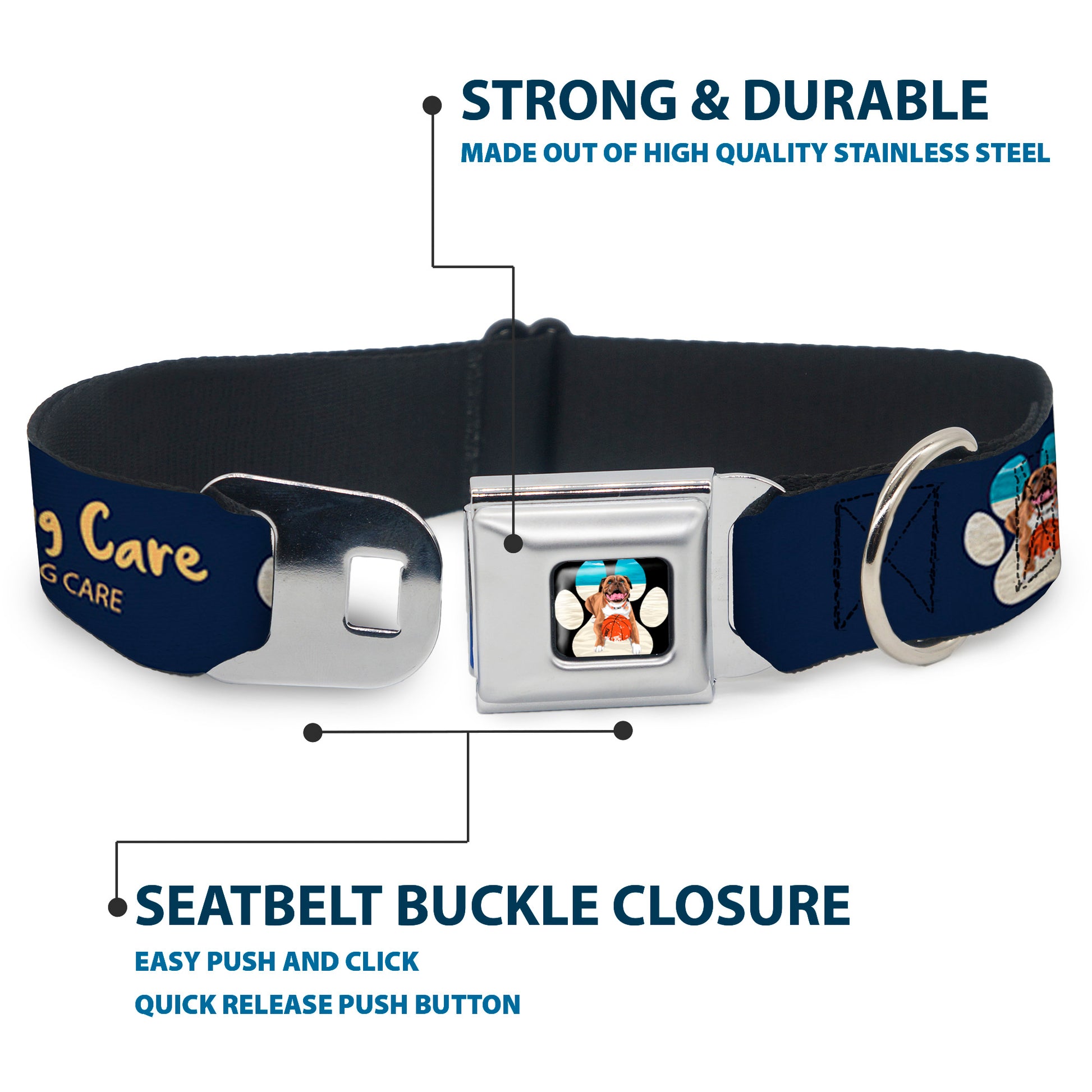 Beach Dawg Care Paw Logo Full Color Black Seatbelt Buckle Collar - BEACH DAWG CARE ALL DOGS ARE EQUAL Navy/Oange Seatbelt Buckle Collars Buckle-Down