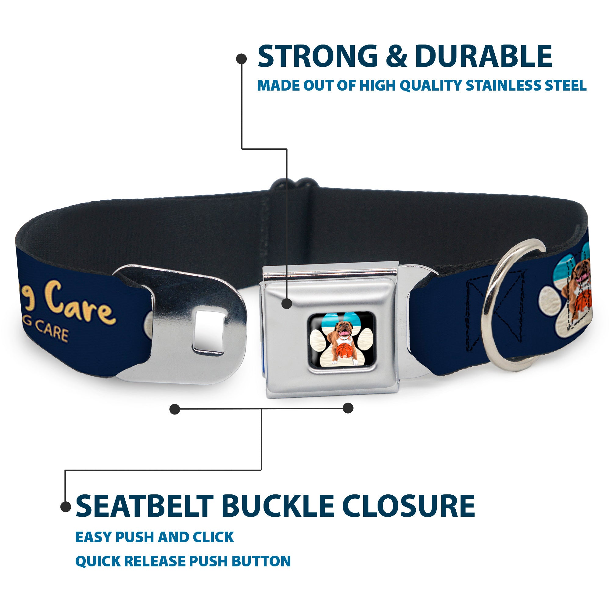 Beach Dawg Care Paw Logo Full Color Black Seatbelt Buckle Collar - BEACH DAWG CARE ALL DOGS ARE EQUAL Navy/Oange Seatbelt Buckle Collars Buckle-Down