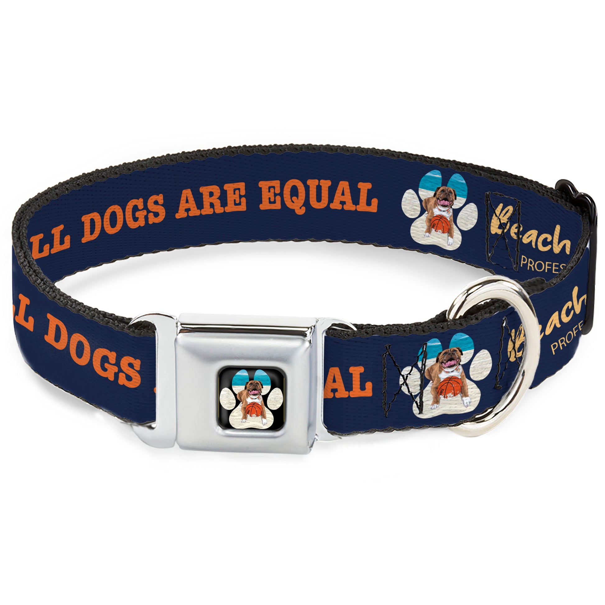 Beach Dawg Care Paw Logo Full Color Black Seatbelt Buckle Collar - BEACH DAWG CARE ALL DOGS ARE EQUAL Navy/Oange Seatbelt Buckle Collars Buckle-Down
