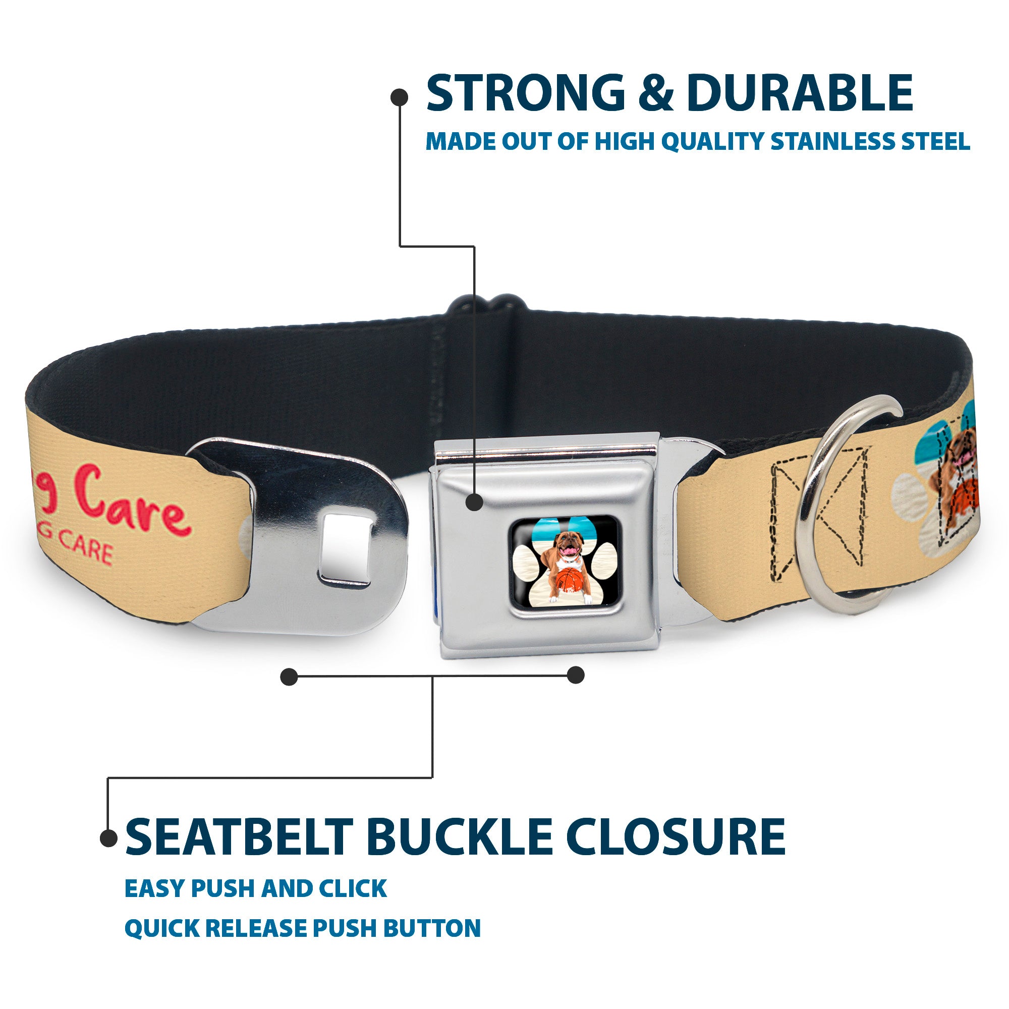 Beach Dawg Care Paw Logo Full Color Black Seatbelt Buckle Collar - BEACH DAWG CARE ALL DOGS ARE EQUAL Cream/Pink Seatbelt Buckle Collars Buckle-Down