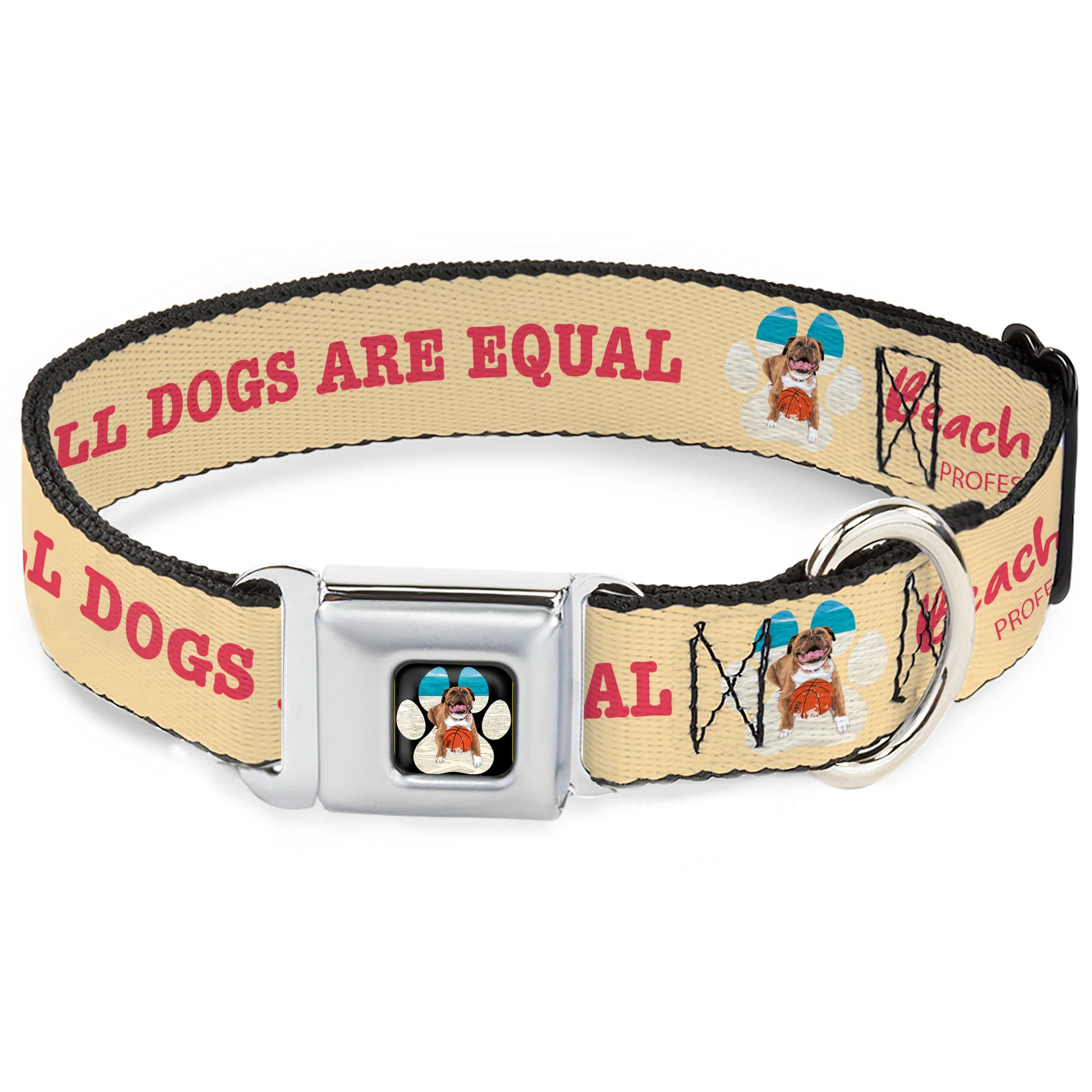 Beach Dawg Care Paw Logo Full Color Black Seatbelt Buckle Collar - BEACH DAWG CARE ALL DOGS ARE EQUAL Cream/Pink Seatbelt Buckle Collars Buckle-Down