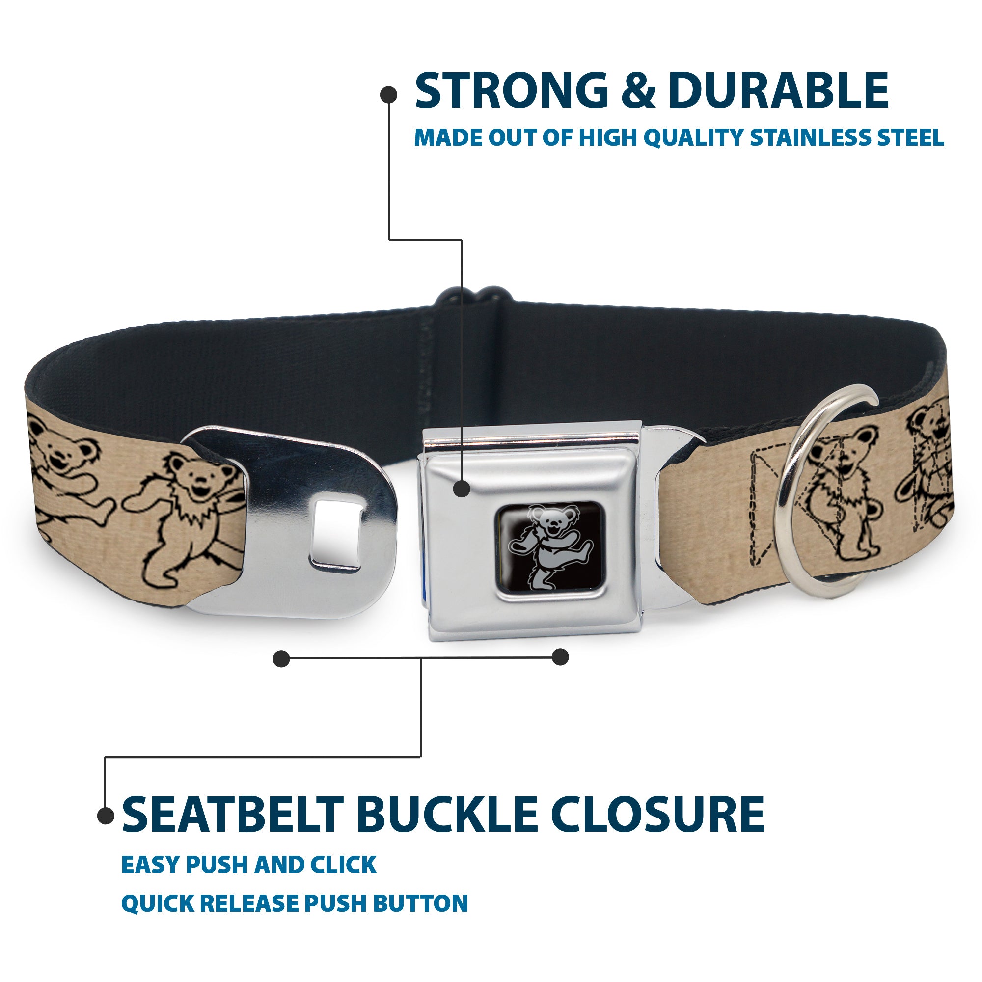 Dancing Bear Black/Silver Seatbelt Buckle Collar - Dancing Bears Hemp/Black Seatbelt Buckle Collars Grateful Dead