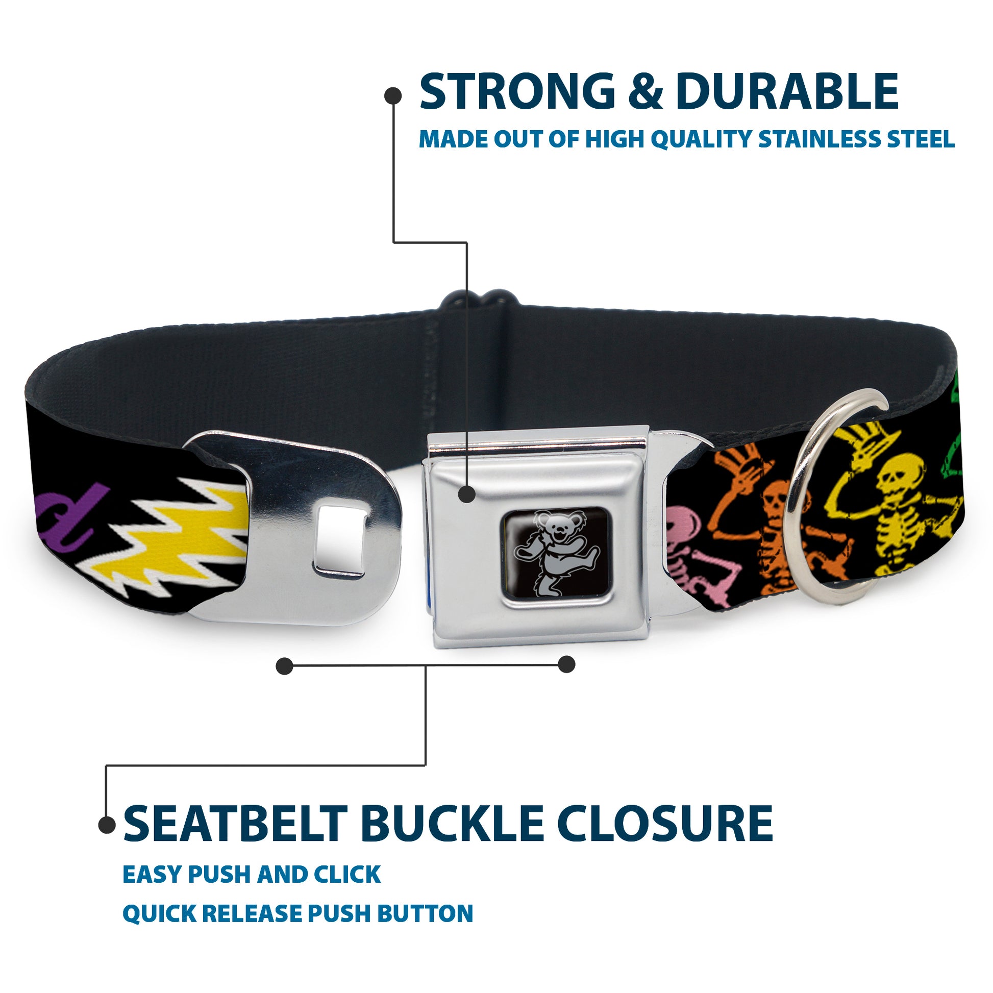 Dancing Bear Black/Silver Seatbelt Buckle Collar - Grateful Dead Script w/Bears & Skeletons Black/Multi Color Seatbelt Buckle Collars Grateful Dead
