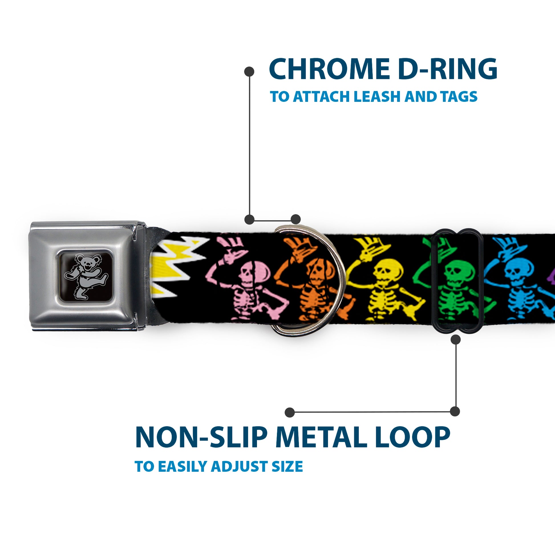 Dancing Bear Black/Silver Seatbelt Buckle Collar - Grateful Dead Script w/Bears & Skeletons Black/Multi Color Seatbelt Buckle Collars Grateful Dead