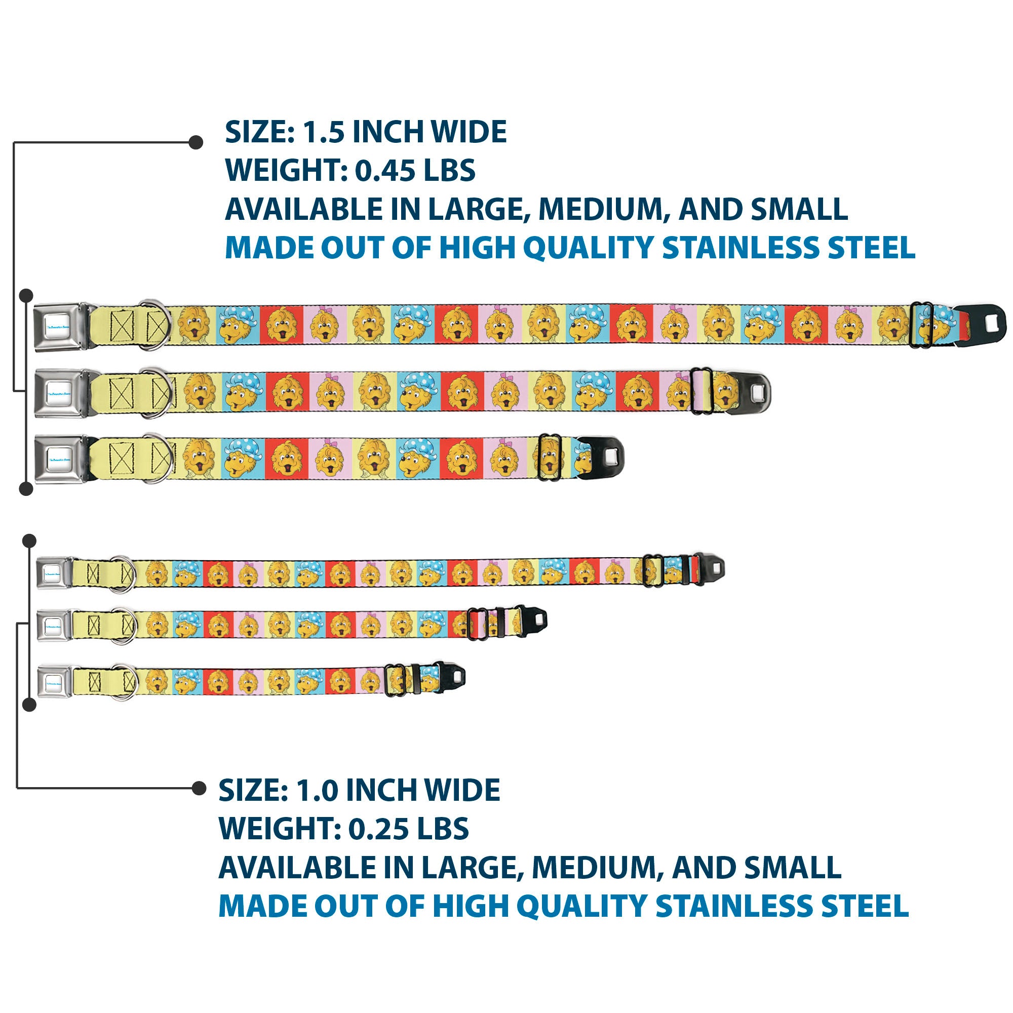 THE BERENSTAIN BEARS Full Color White/Blue Seatbelt Buckle Collar - The Berenstain Bears Smiling Face Blocks Multi Color