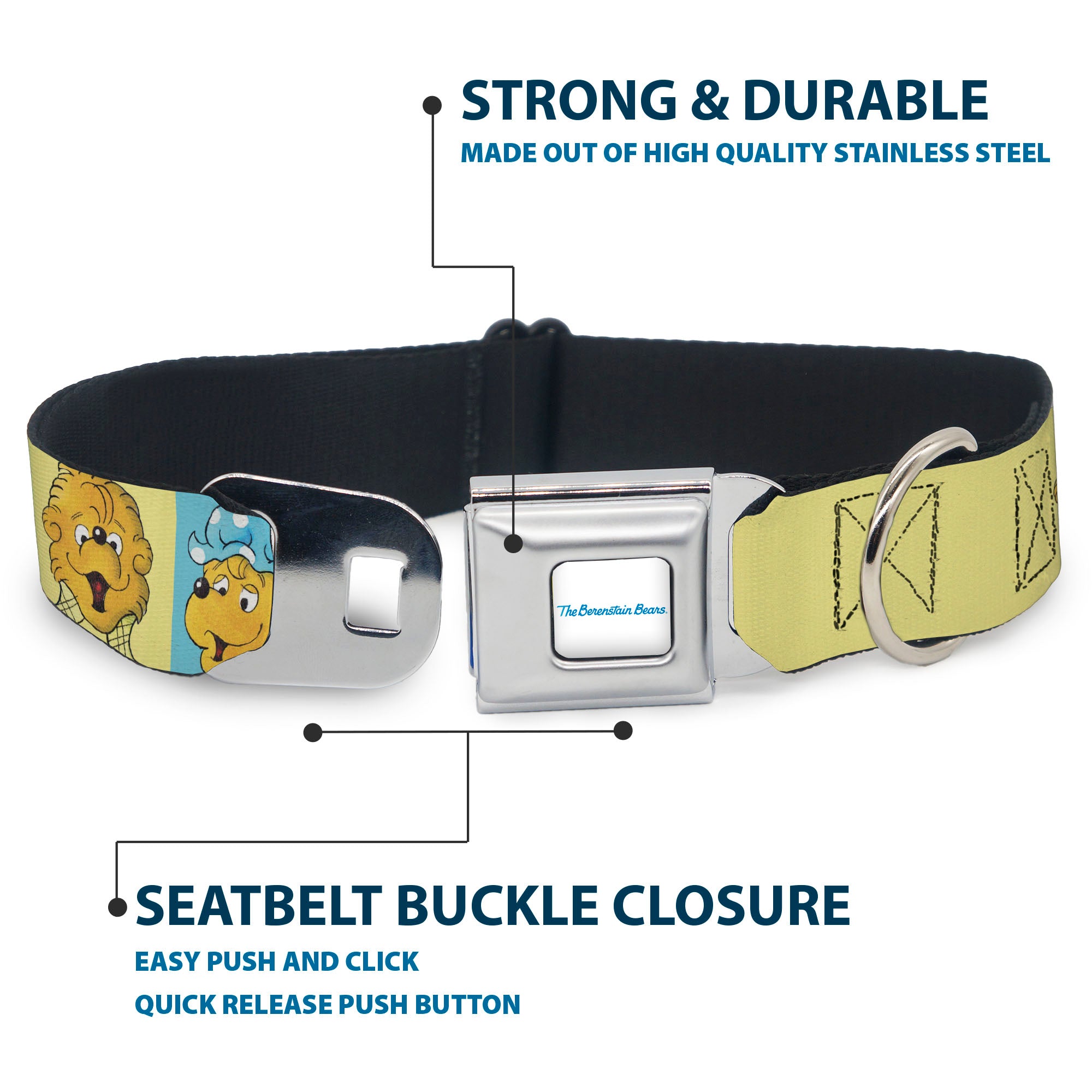 THE BERENSTAIN BEARS Full Color White/Blue Seatbelt Buckle Collar - The Berenstain Bears Smiling Face Blocks Multi Color