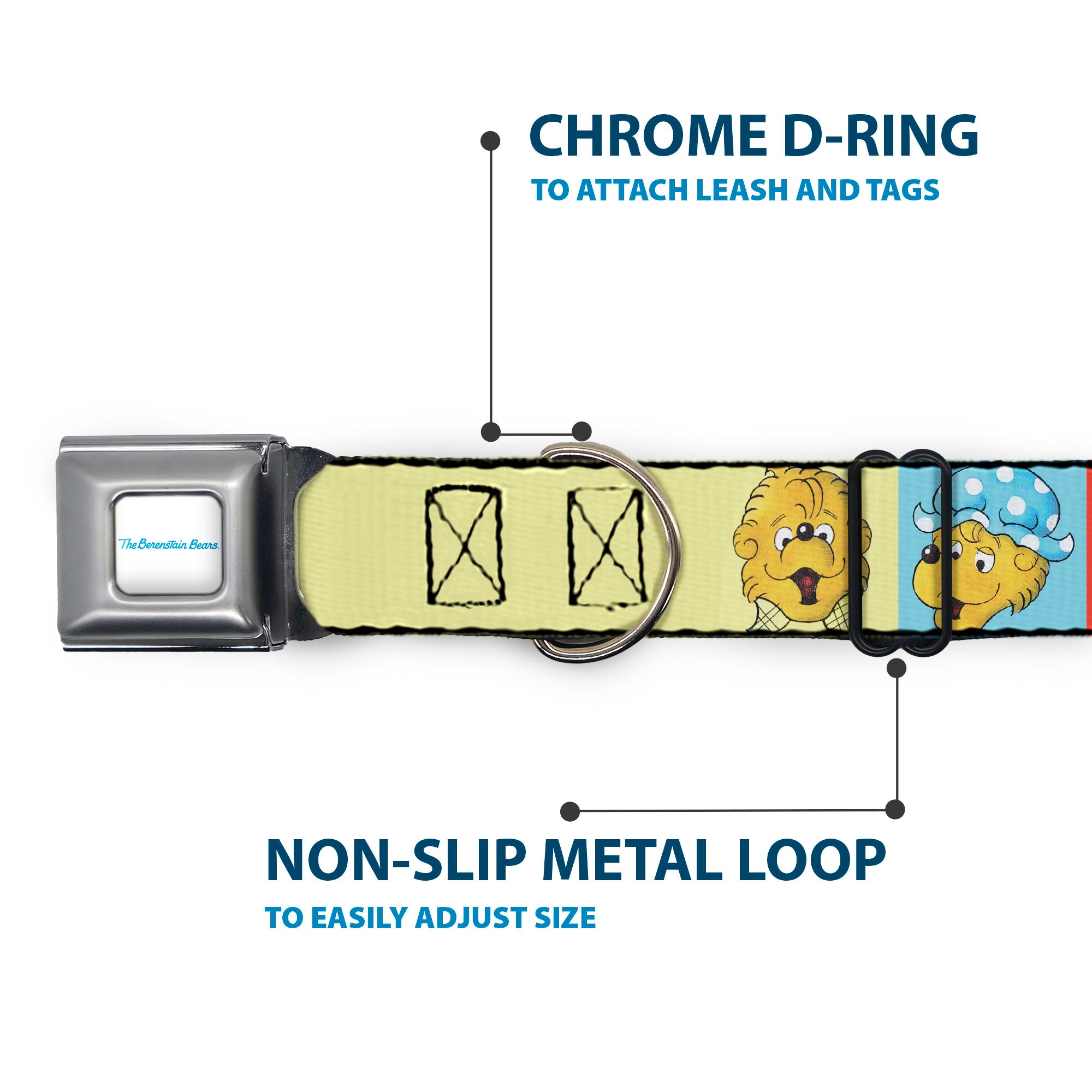 THE BERENSTAIN BEARS Full Color White/Blue Seatbelt Buckle Collar - The Berenstain Bears Smiling Face Blocks Multi Color