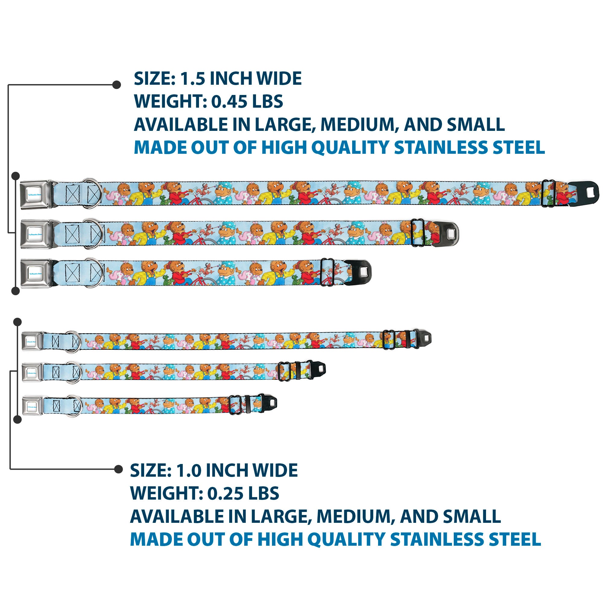 THE BERENSTAIN BEARS Full Color White/Blue Seatbelt Buckle Collar - The Berenstain Bears Family Fun Day Pose Light Blue
