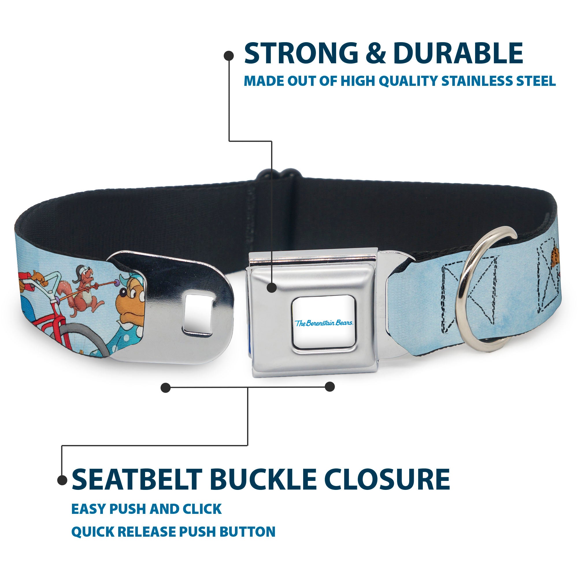 THE BERENSTAIN BEARS Full Color White/Blue Seatbelt Buckle Collar - The Berenstain Bears Family Fun Day Pose Light Blue