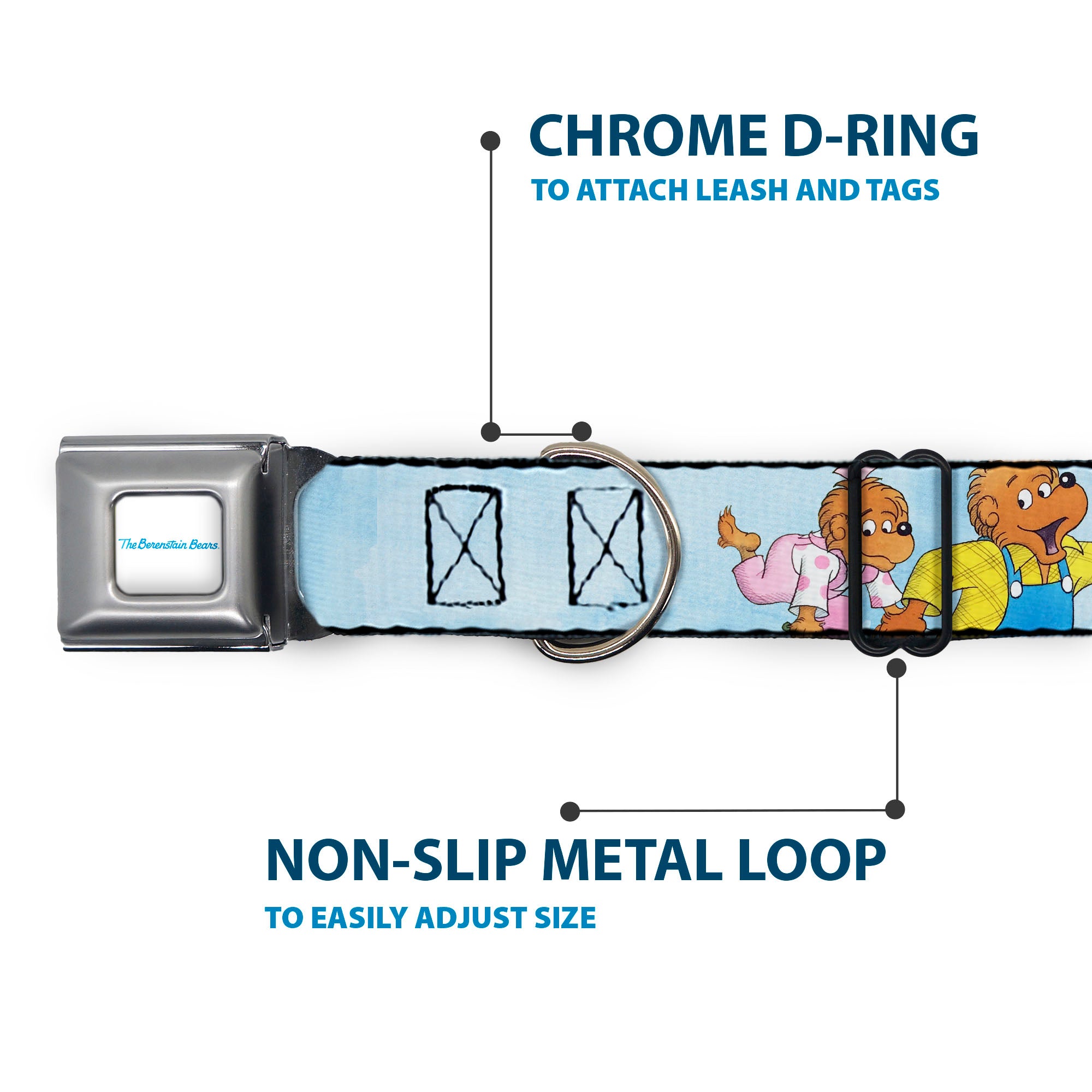 THE BERENSTAIN BEARS Full Color White/Blue Seatbelt Buckle Collar - The Berenstain Bears Family Fun Day Pose Light Blue
