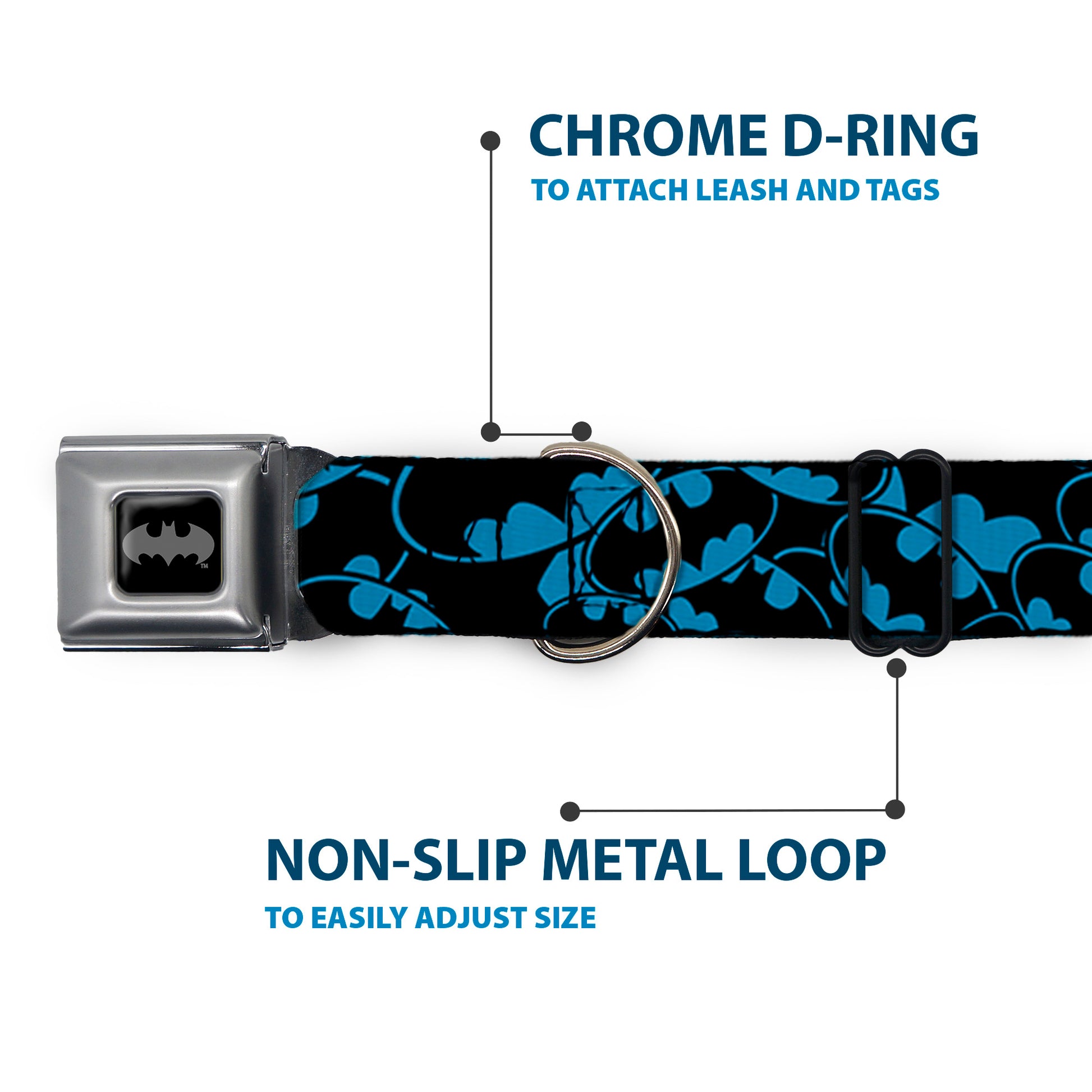 Batman Black/Silver Seatbelt Buckle Collar - Bat Signals Stacked Blue/Black Seatbelt Buckle Collars DC Comics