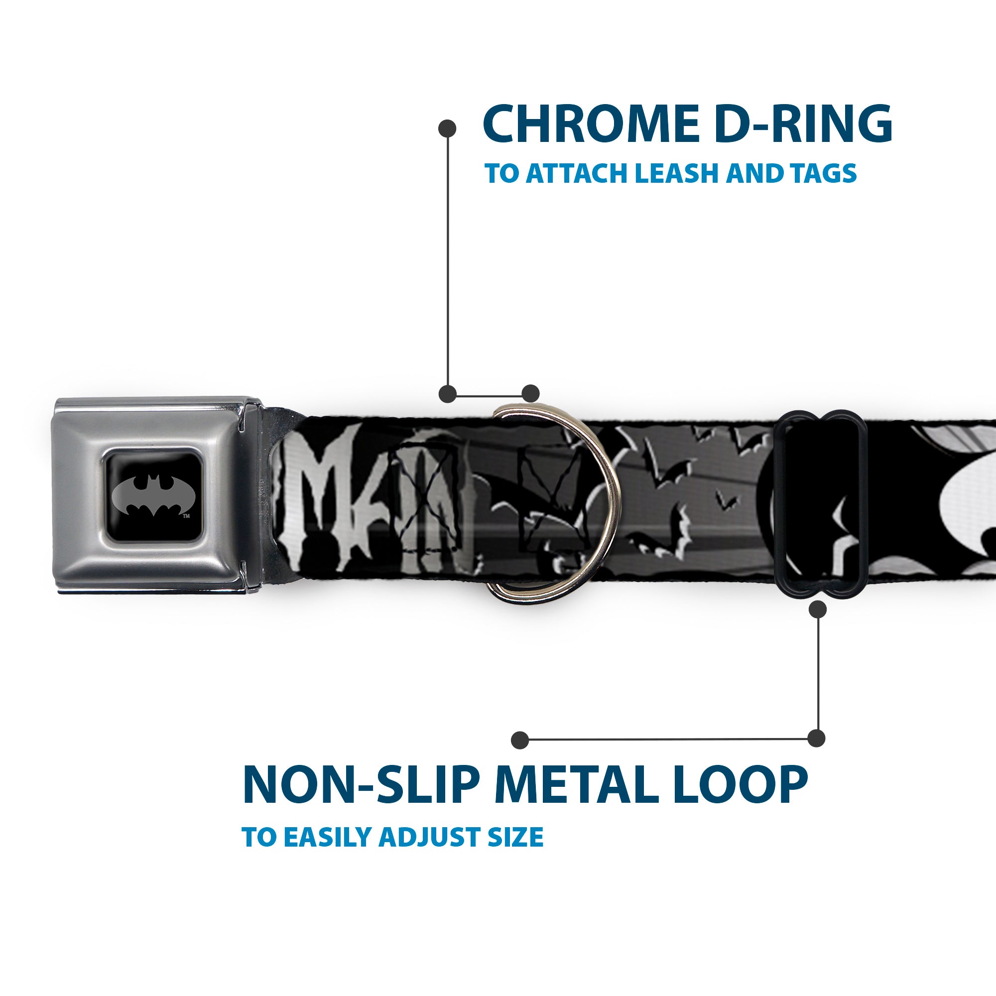 Batman Black Silver Seatbelt Buckle Collar - BATMAN w/Bat Signals & Flying Bats Black/White Seatbelt Buckle Collars DC Comics